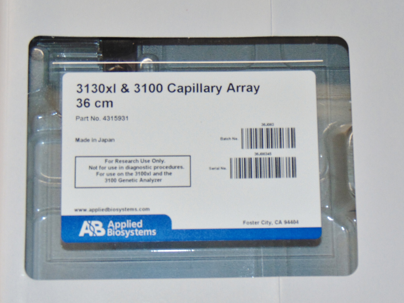 NEW Applied Biosystems 4315931 3130xl 3100 16 Capillary Array 36cm Quantity Avlb