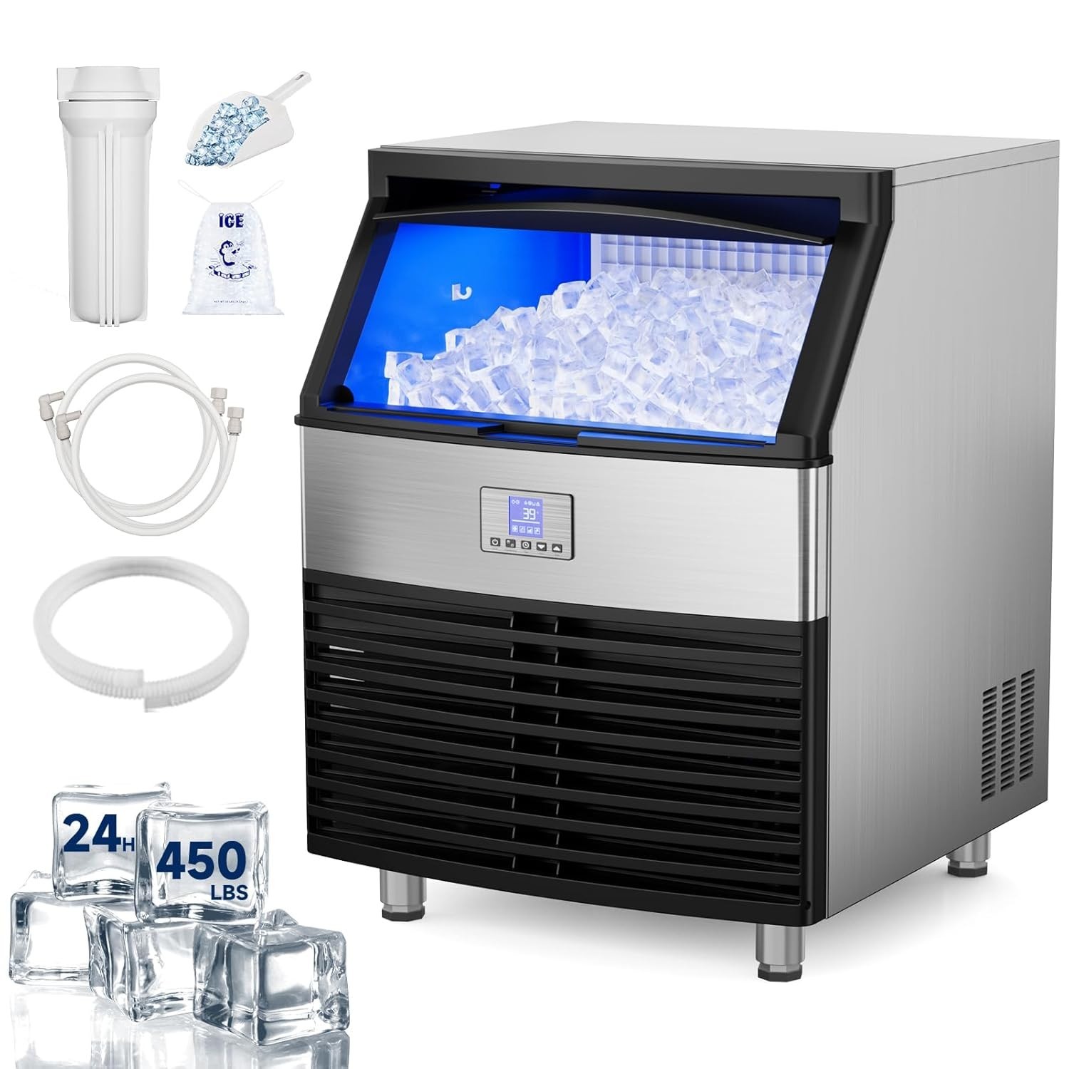 450LBS/24H Commercial Ice Maker Machine Stainless Steel Under Counter for Home