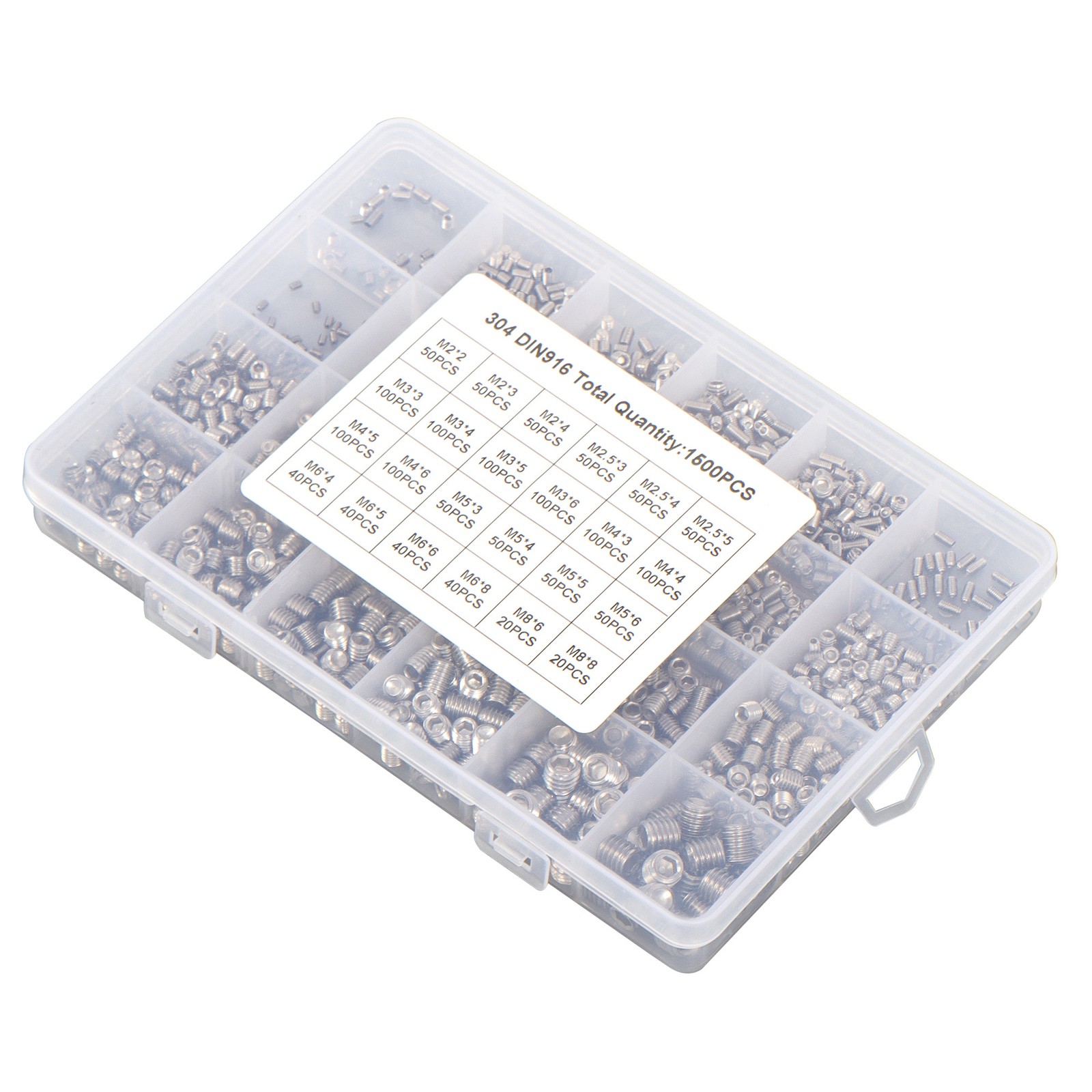 1500PCS Fully Threaded Hex Socket Set Screw Assortment Kit 304 Hex Socket Set