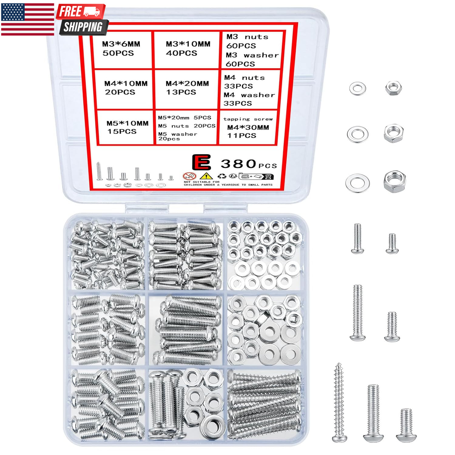 1080 Pcs Screws Bolts & Nuts Assortment Kit Metric Machine Screws & Nuts & Flat