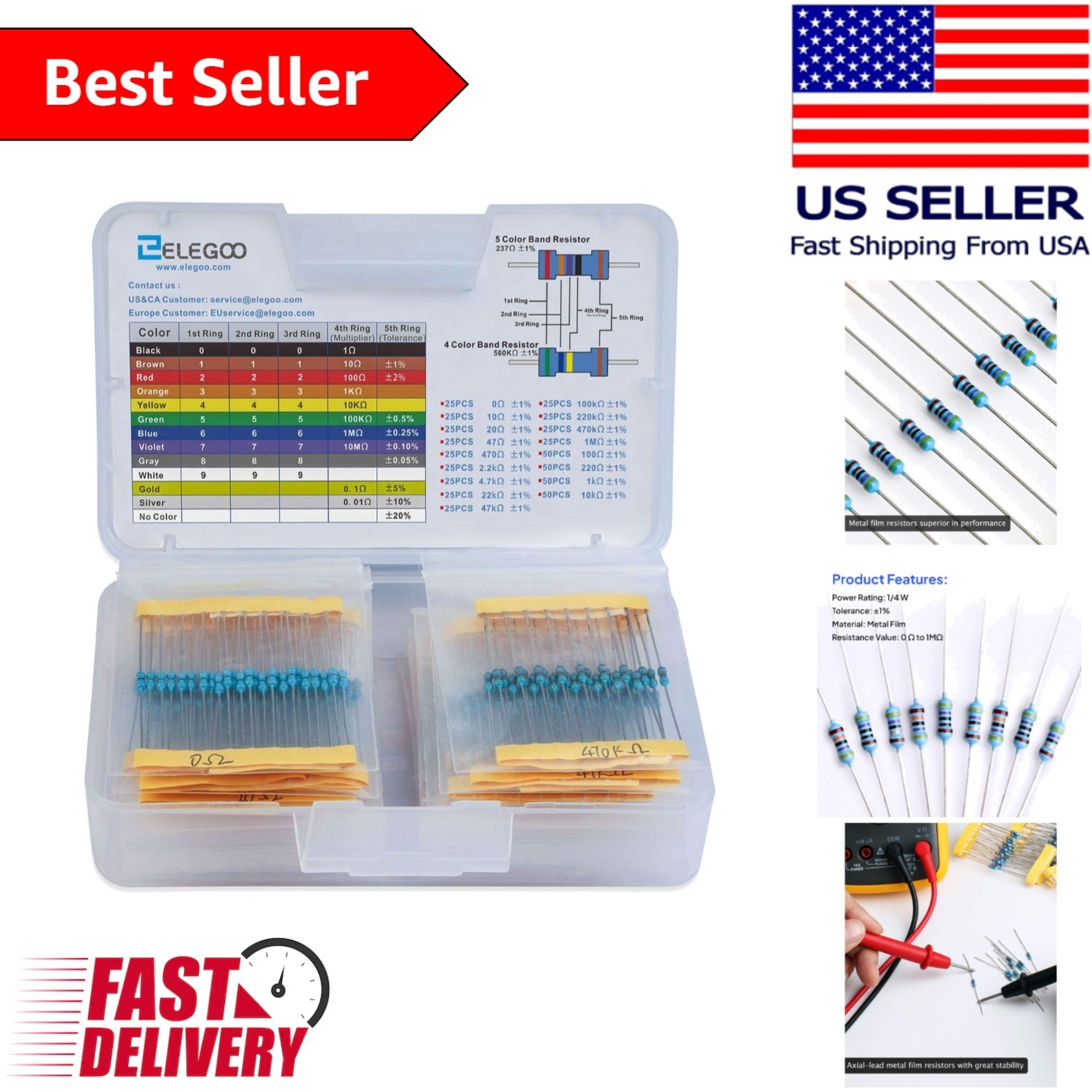 17-Value 0-1M Ohm Resistor Assortment with Color Code Guide & Compliance