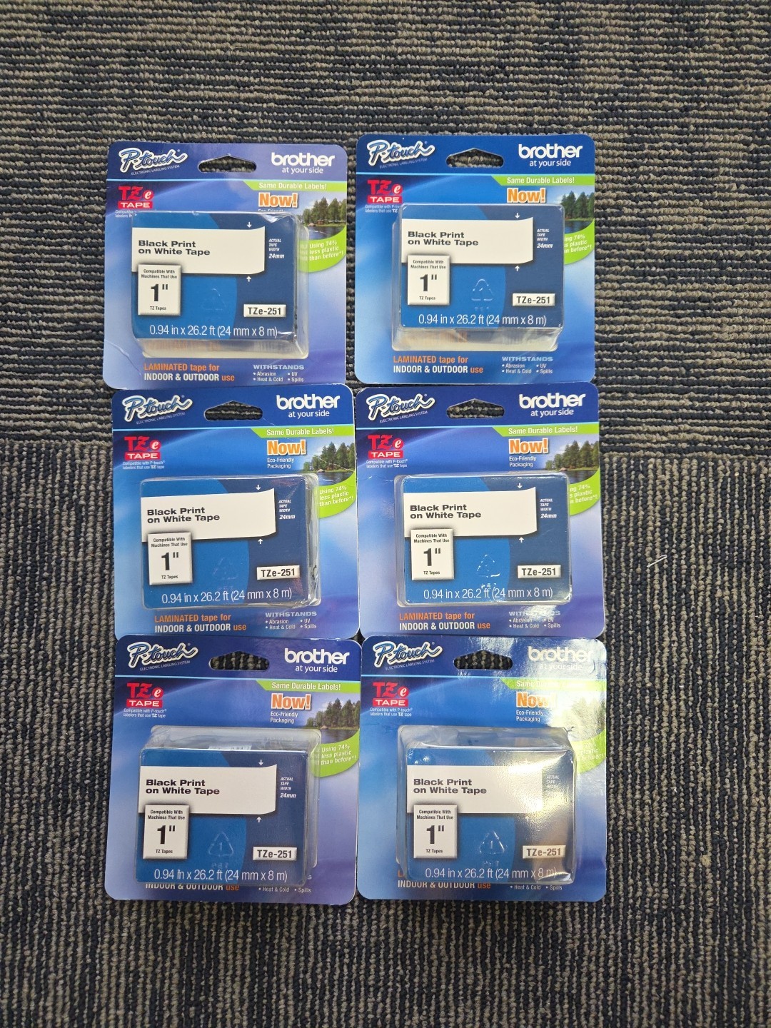(Lot of 6) P-Touch Brother TZe 251 Black on White Label Tape – Genuine OEM
