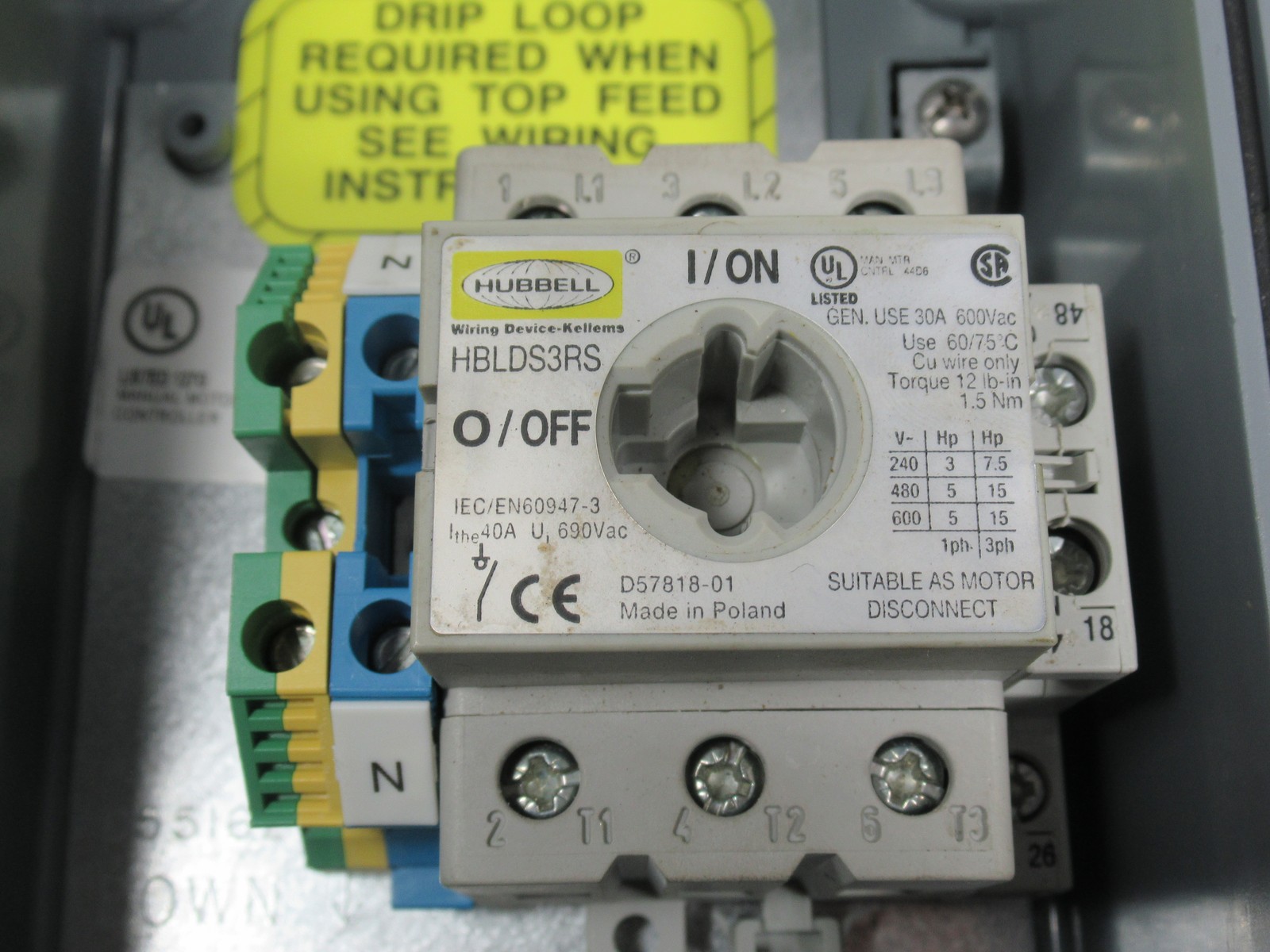 Hubbell HBLDS3AC Circuit-Lock Disconnect Switch 30A 600VAC C/W Auxiliary USED