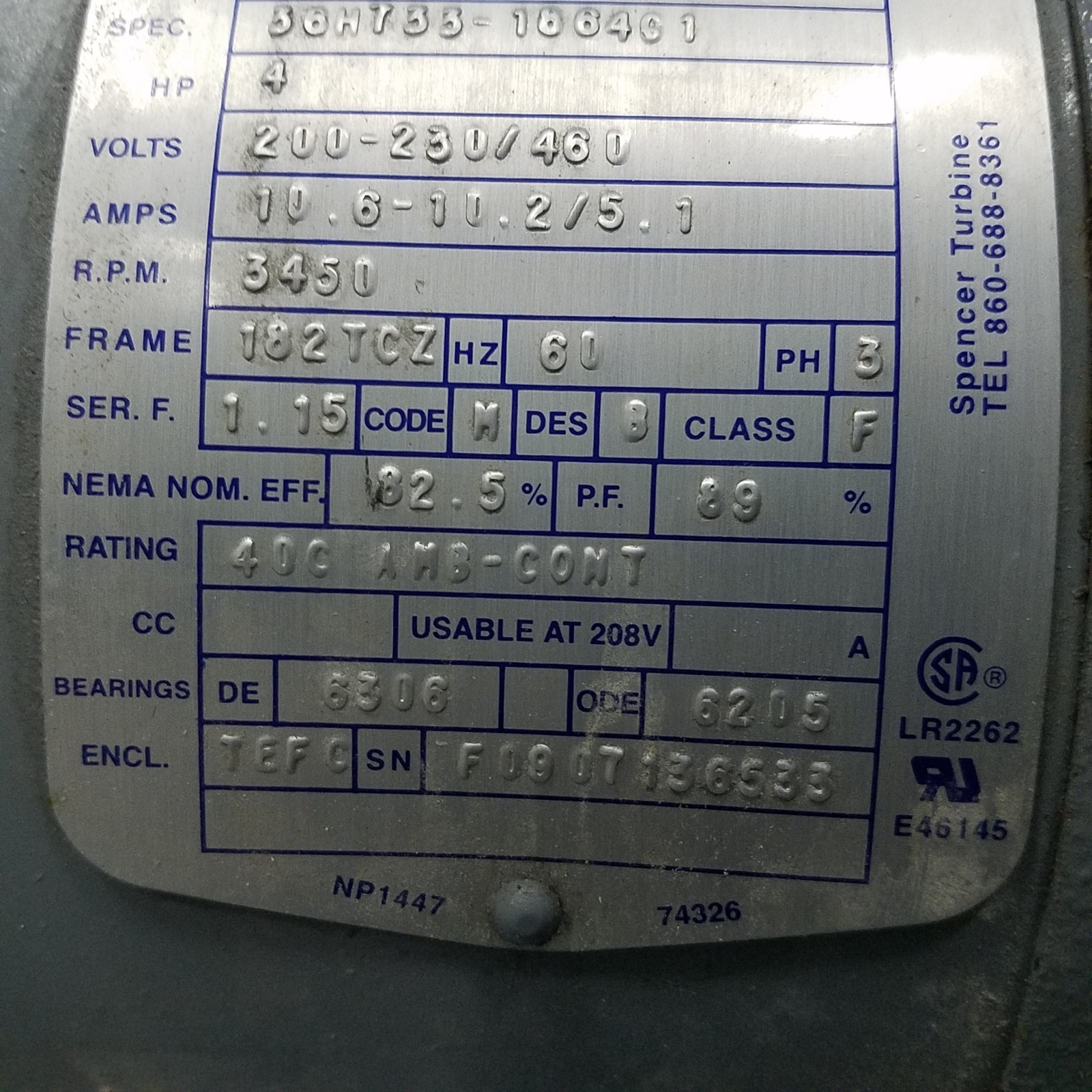 Spencer Vortex VB030B-011 Regenerative Blower, 210CFM, 4HP, 200-230/460V AC.
