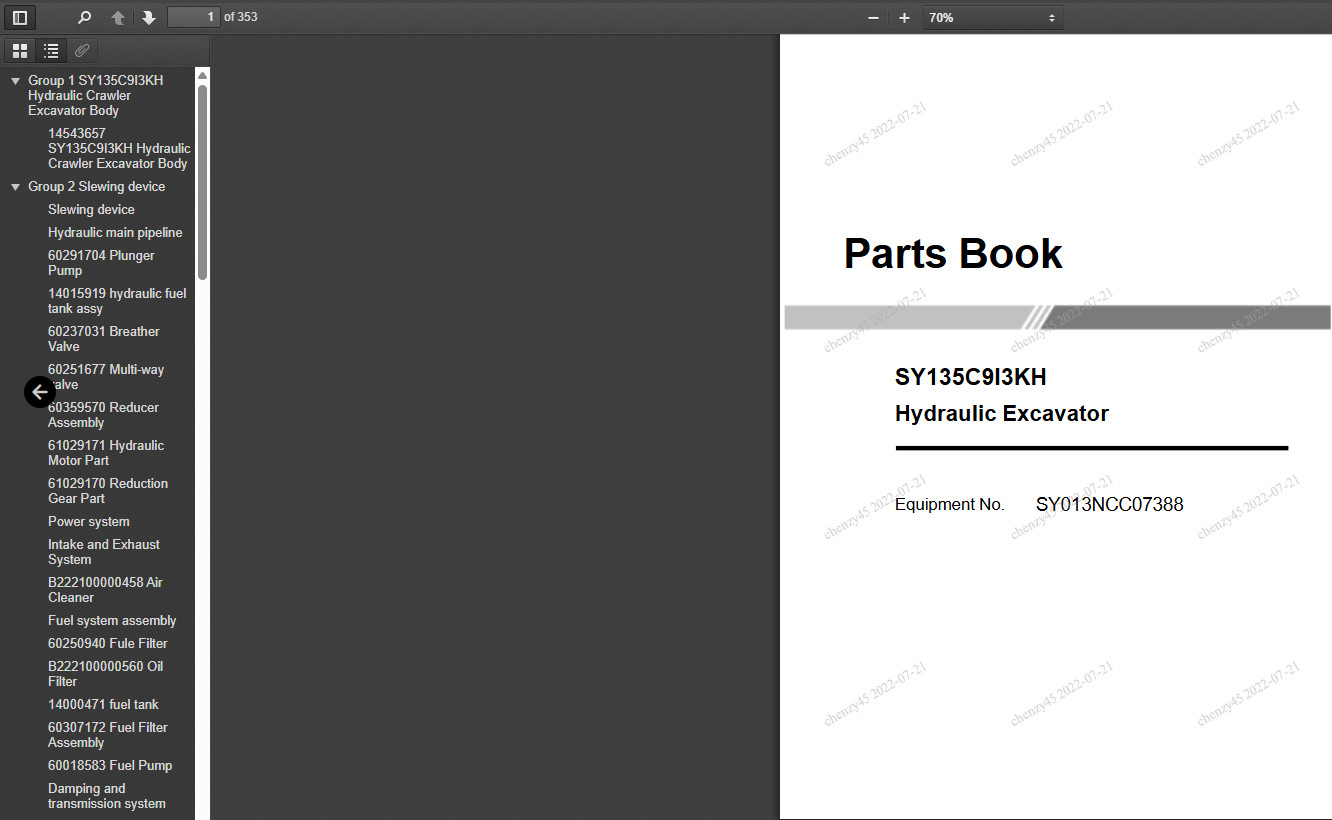 SANY SY135C9 EXCAVATOR SERVICE MANUAL OPERATION AND MAINTENANCE PARTS BOOK PDF
