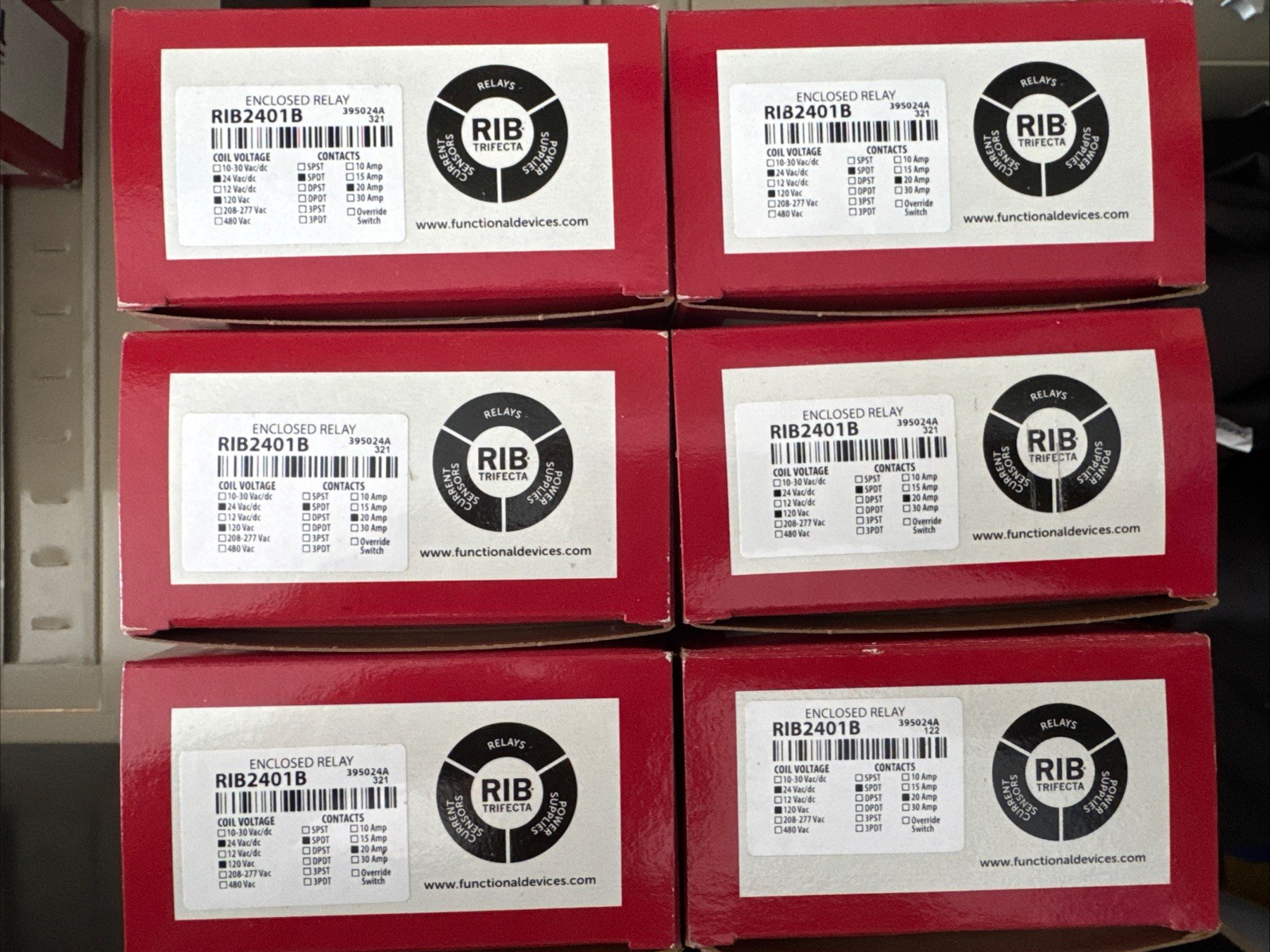 LOT OF 6 RIB2401B, 20 Amp, 24VAC/120VAC COIL, FUNCTIONAL DEVICES, NEW IN BOX