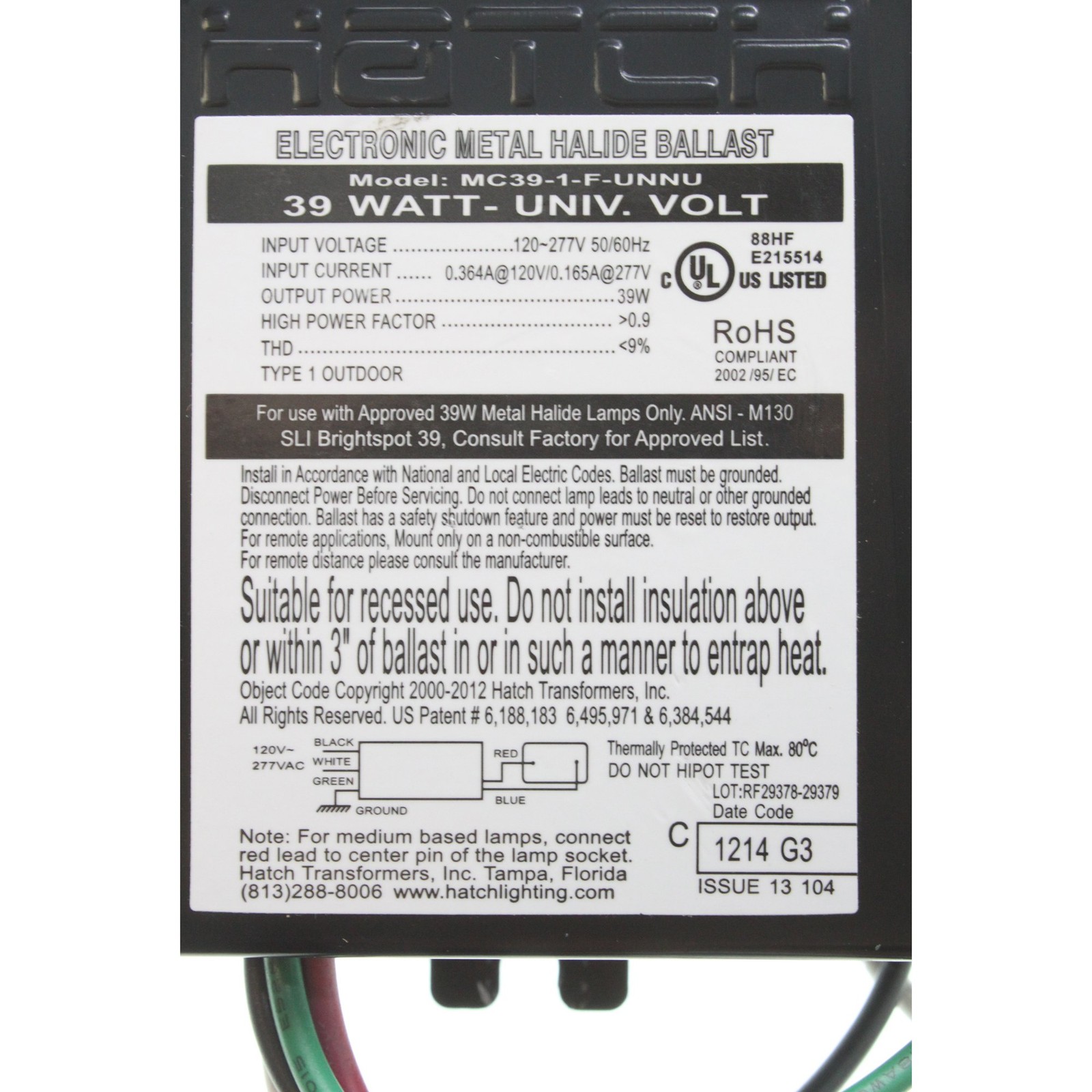 Hatch MC391FUNNU Electronic Metal Halide Ballast, 39Watt MH, 120/277V