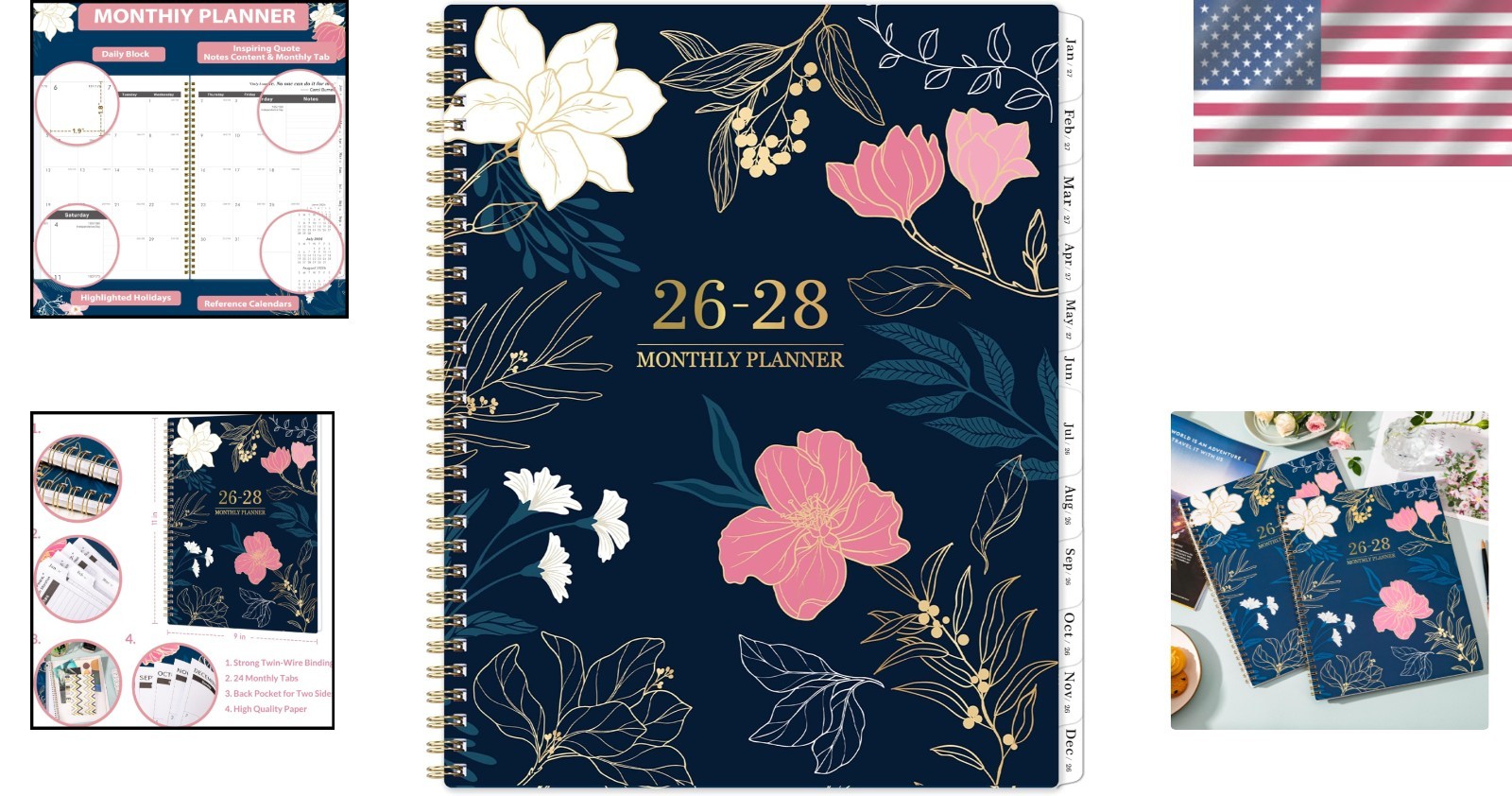 2026-2028 Elegant Desk Calendar 9″ x 11″ – Functional Monthly Planner with Tabs