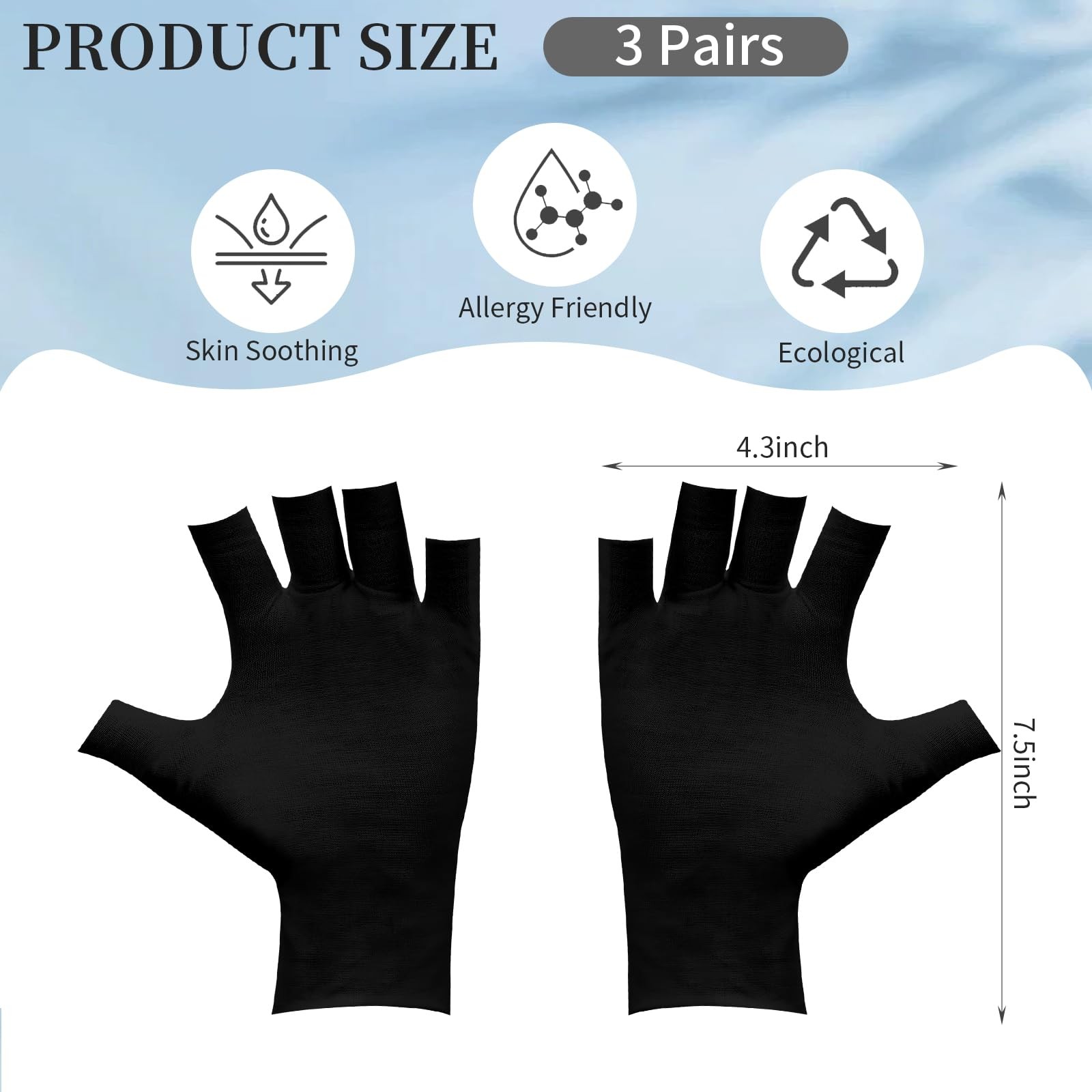 3Pairs Fingerless Cotton Gloves, Black Moisturizing Gloves