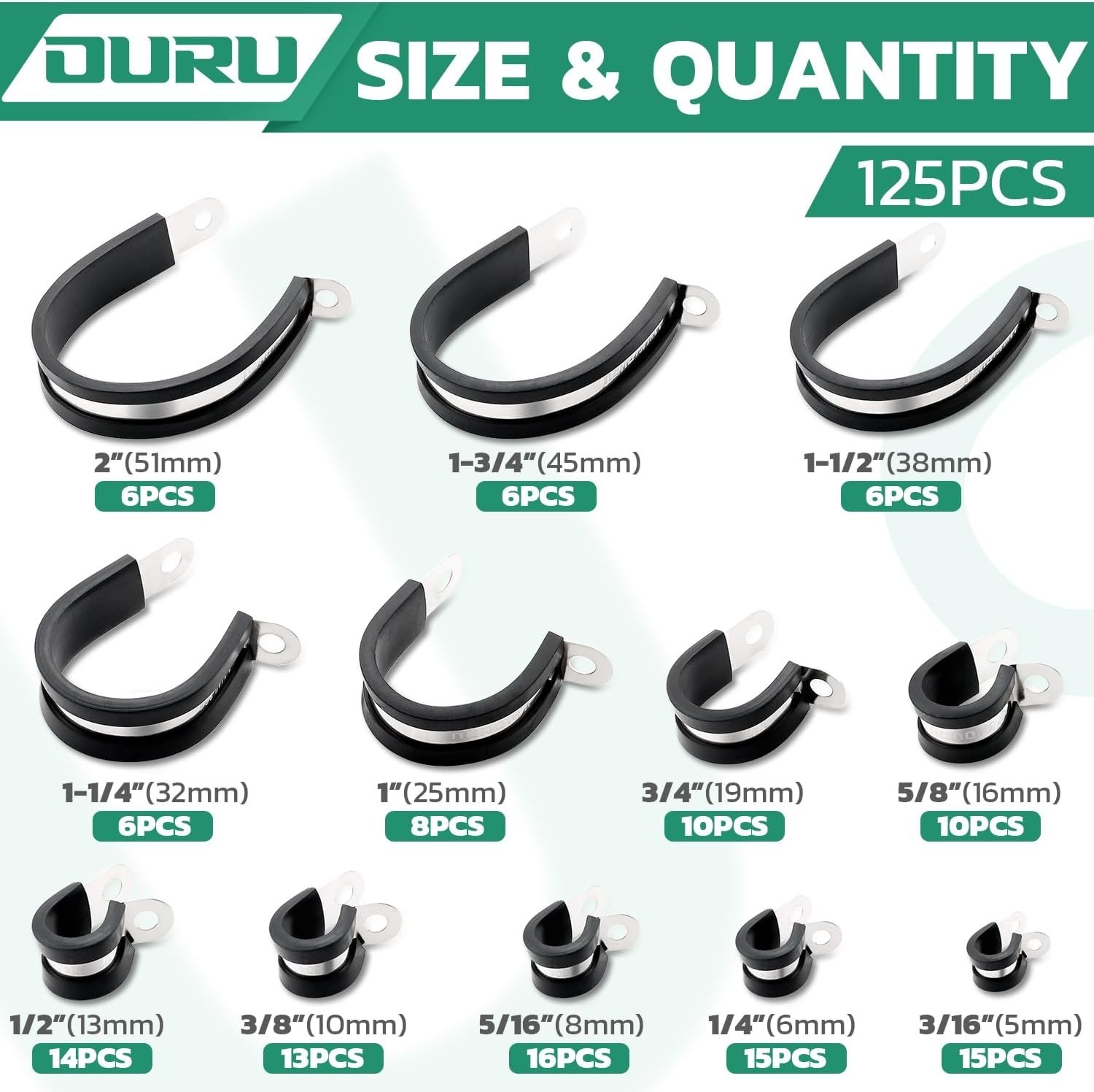 125PCS Stainless Steel Rubber Coated Cable Clamps Assortment Kit – 12 Sizes