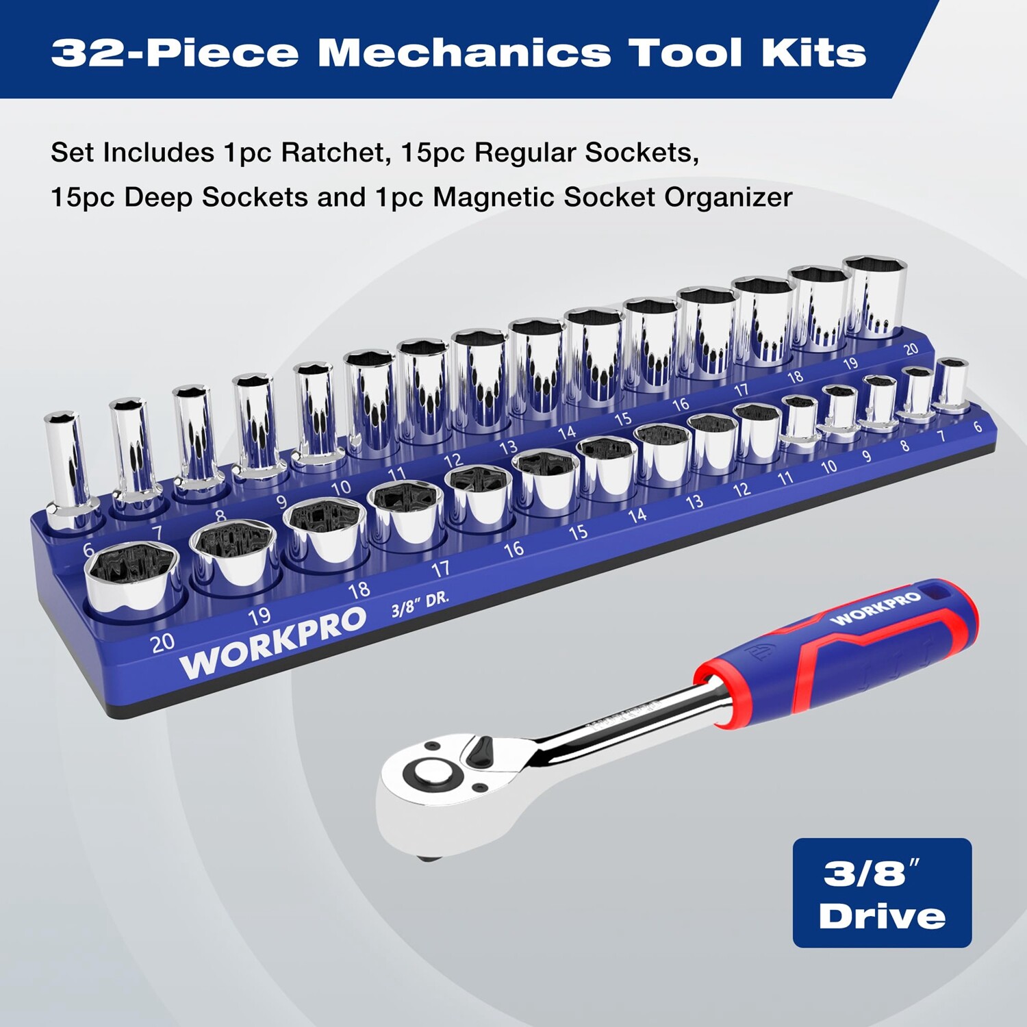 WORKPRO 32PC Mechanics Tool Kit 3/8″ Drive 30 Metric Deep Shallow Sockets 6-20mm