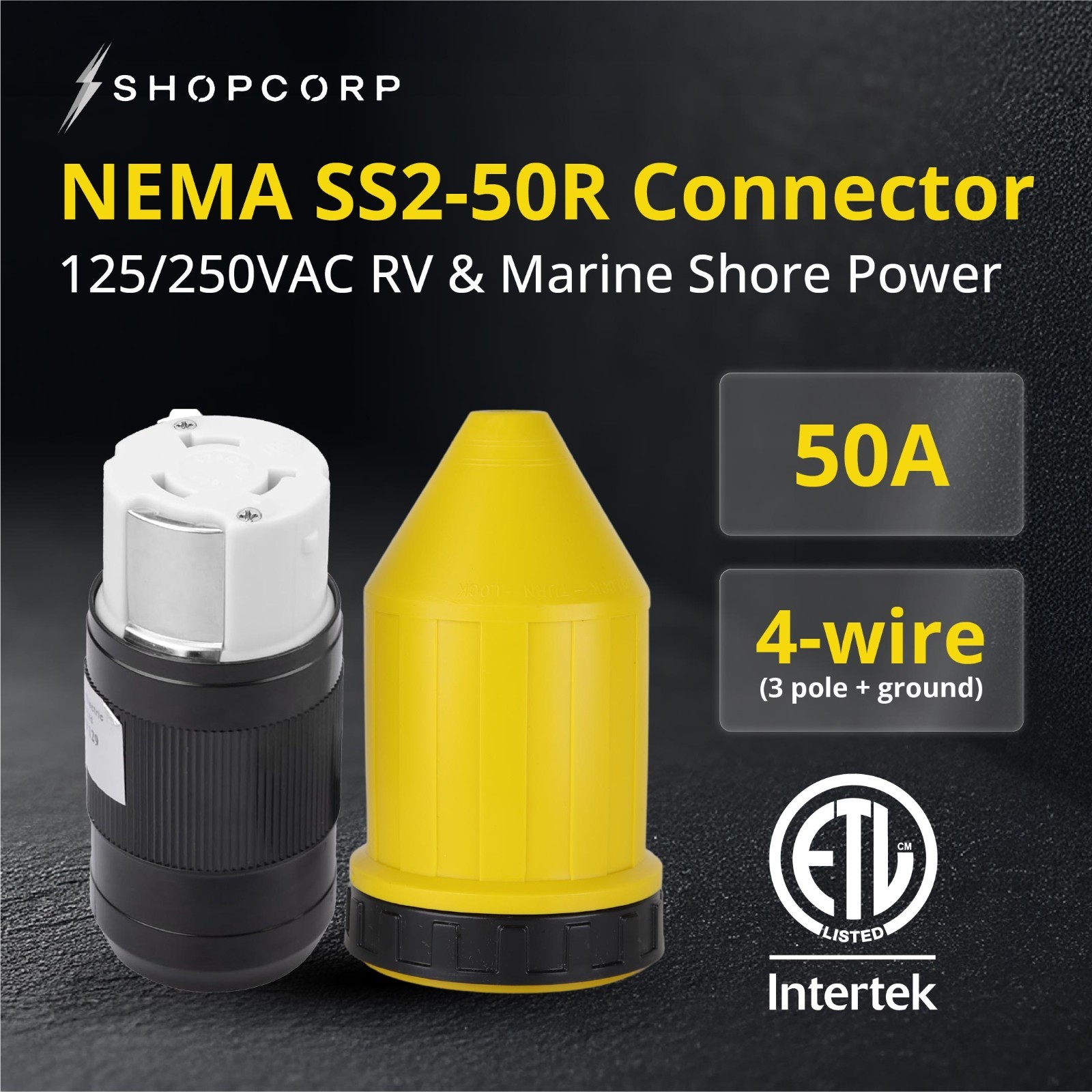 50A Twist Lock RV Plug Kit w/ Boot & Receptacle, NEMA SS2-50R 125/250V