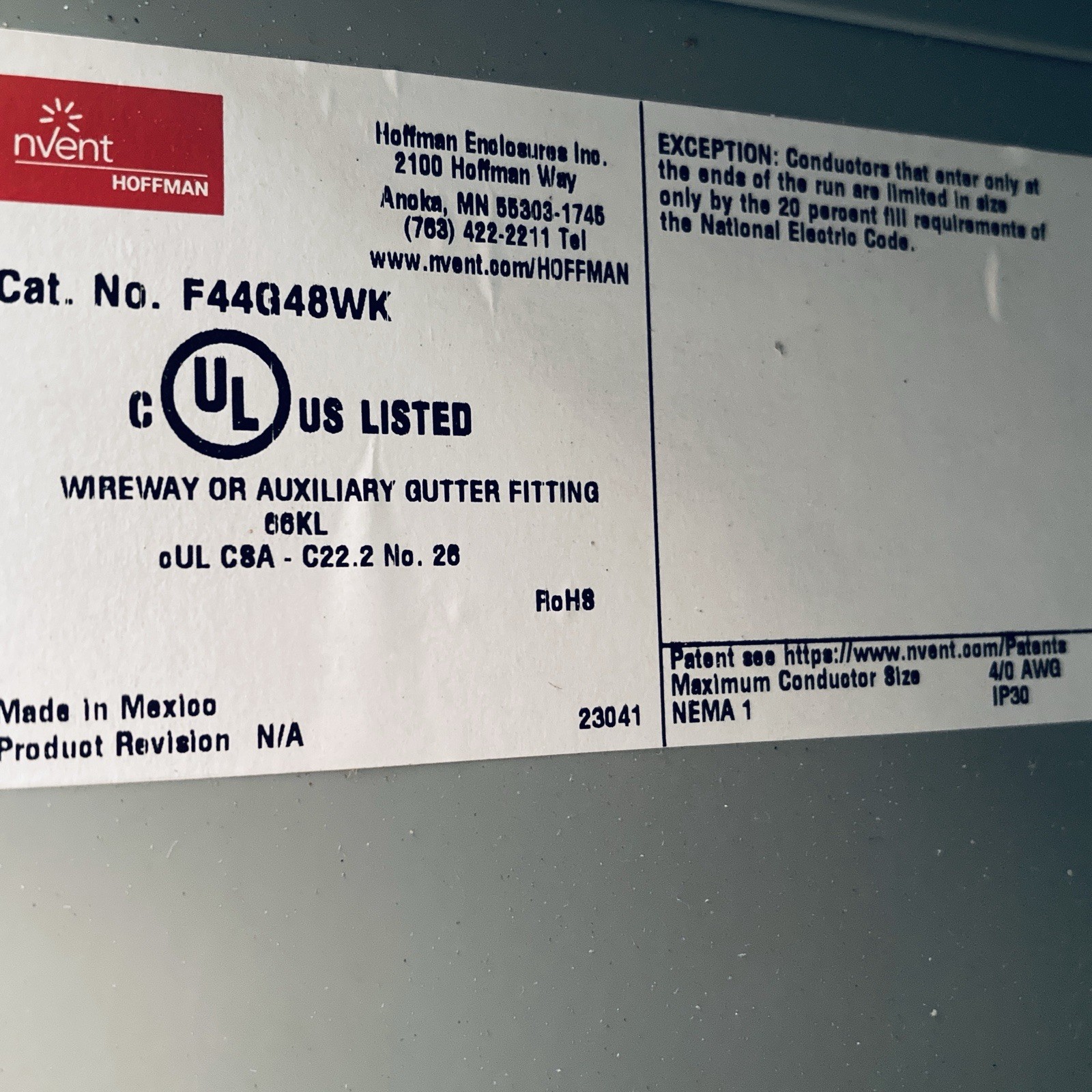 Hoffman F44G48WK 4″x 4″ Wireway Straight 60″ Section Lay-in Type 1 w/ knockouts