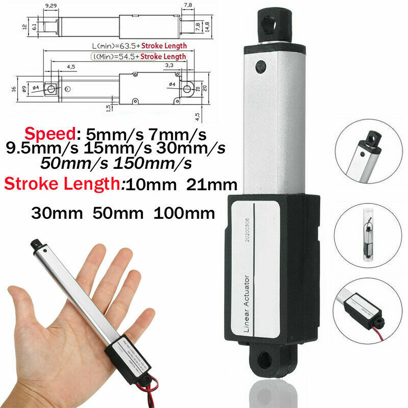 Micro Mini Electric Linear Actuator 10mm 100mm Force 1.5-42.3lbs 12V Fast 6»/s