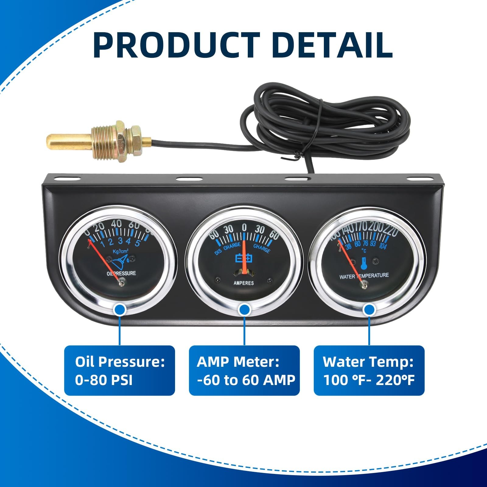 2inch 52mm Triple Gauge Set, Oil Pressure Gauge Water Temp Temperature Ammete…