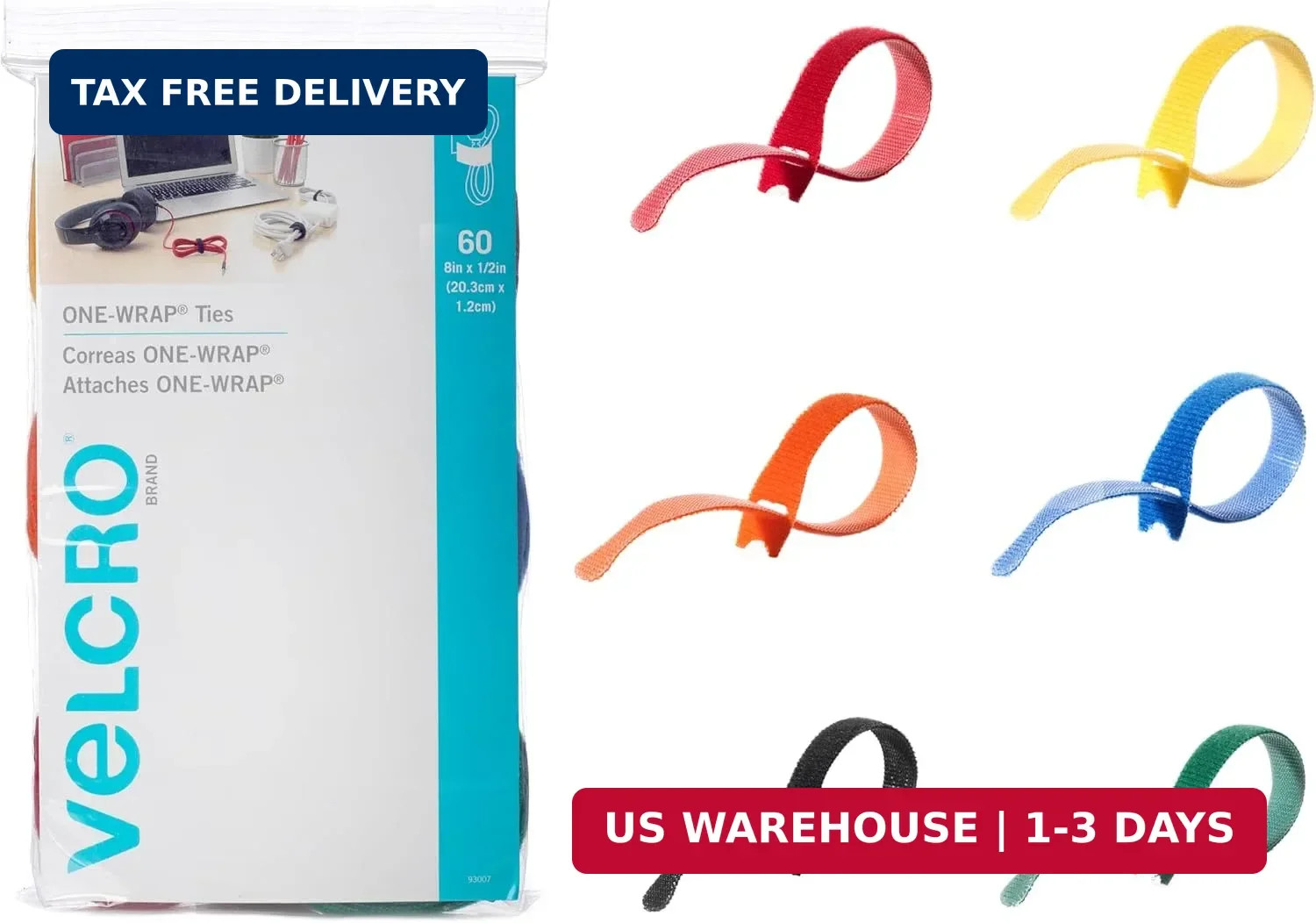 VELCRO Brand ONE-WRAP Cable Ties | 60Pk | 8 x 1/2″ Straps, Multicolor | Strong R