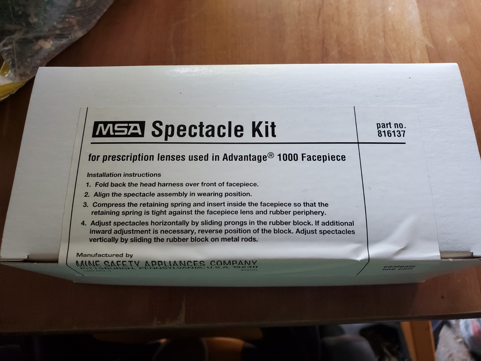 MSA Spectacle Kit 816137 for Prescription Lenses Used in Advantage Facepiece NIB