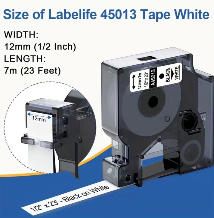5X45013 S0720530 Label Tape Compatible for Dymo LabelManager 12mm Black on White