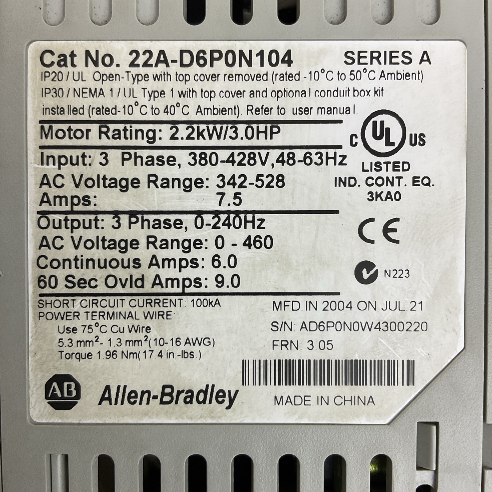 ALLEN BRADLEY 22A-D6P0N104 SER A FRN 3.05 POWER FLEX 4 AC DRIVE 2.2kW/3.0HP
