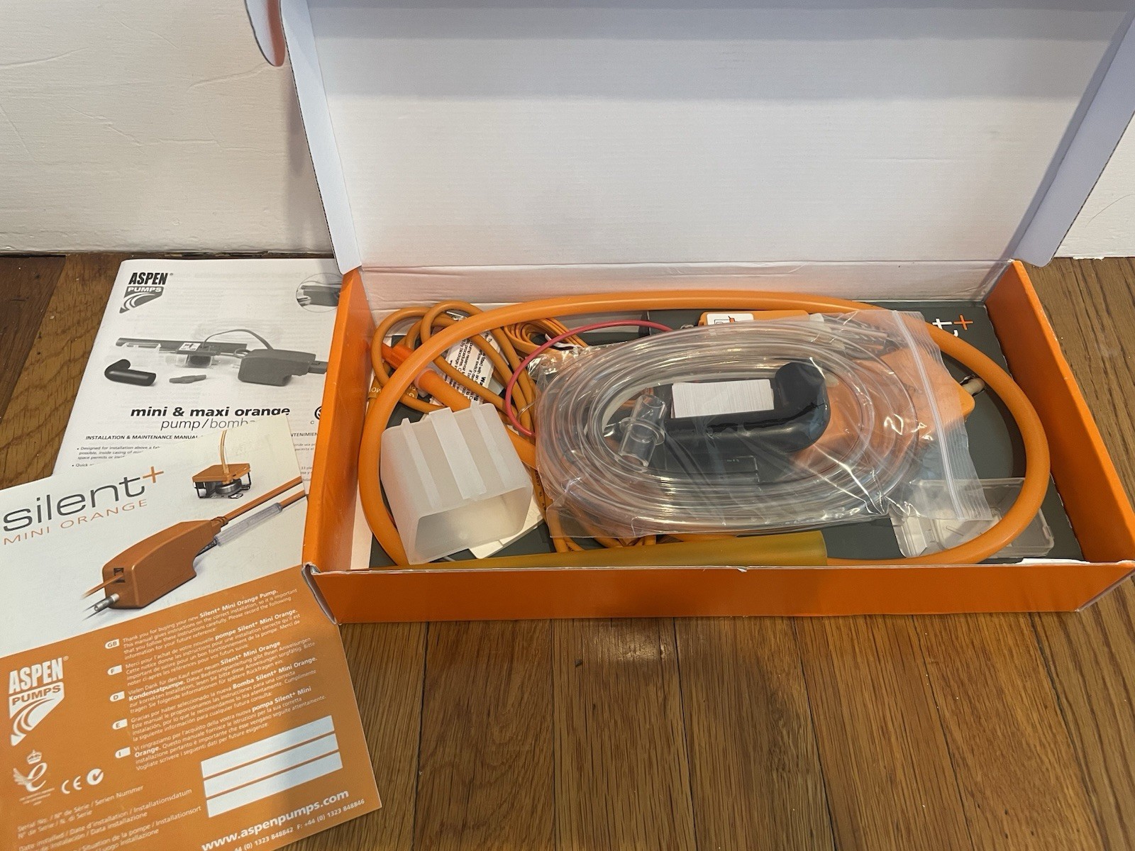 Aspen Pumps Silent+ Mini Orange Condensate Pump Kit, Variable Speed, 230V