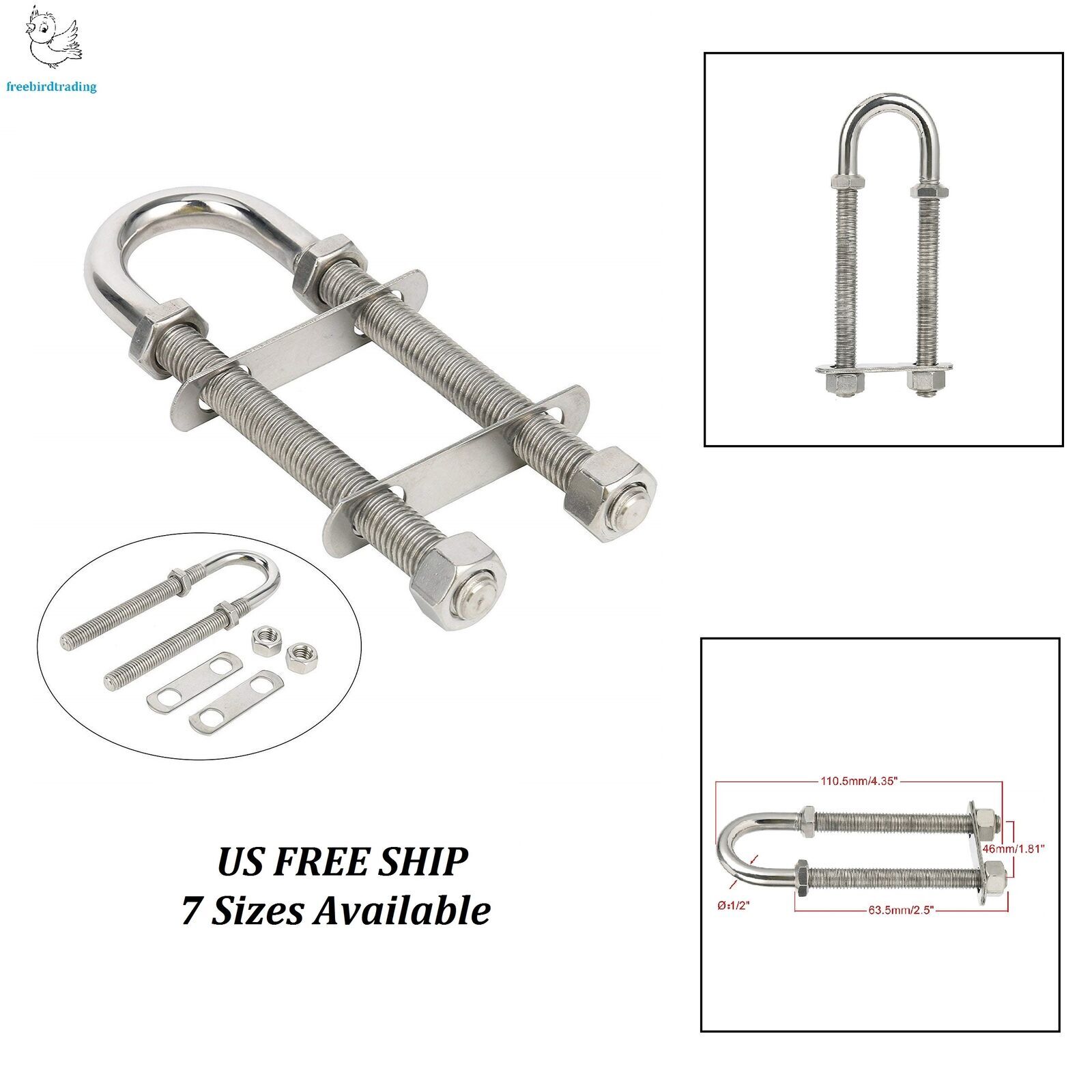 7 Sizes Available 2PCS Stainless Steel Marine Boat Stern Bow Eye Tie Down U Bolt