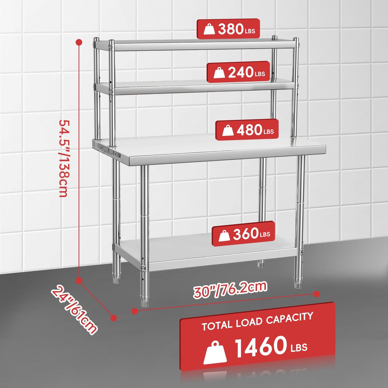 30*24in/36*24in/48*24in Metal Kitchen Stainless Steel Table with Overshelves