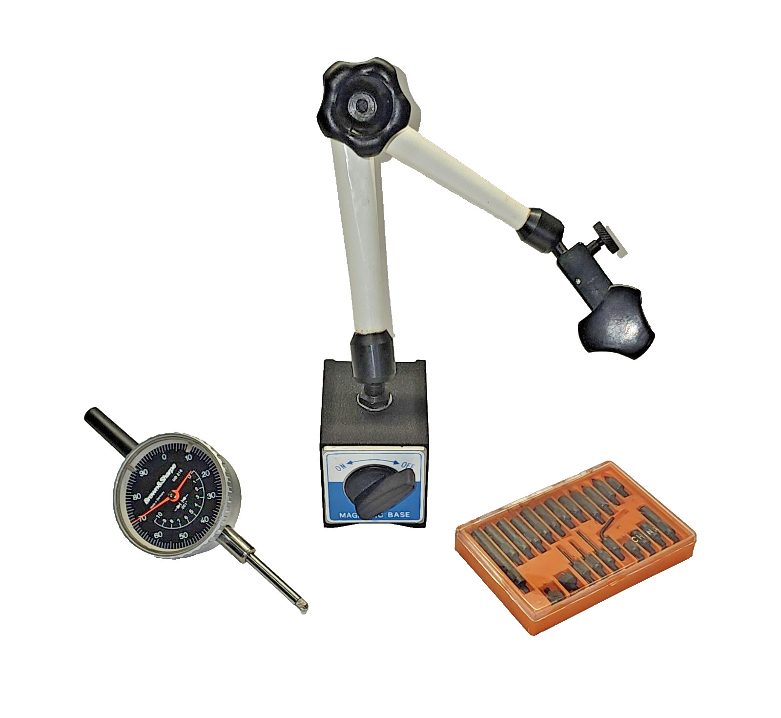 Brown & Sharpe .001″ Dial Indicator. Made In Germany w/ Magnetic Base & Ind.Tips