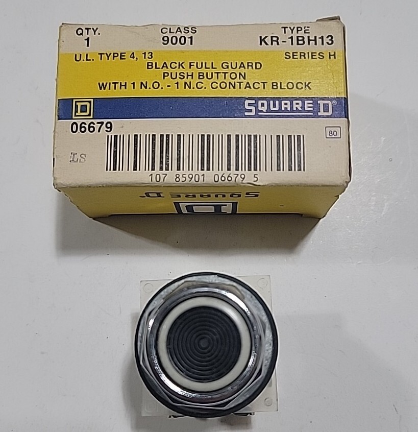Square-D 9001KR1BH13, Black Pushbutton, Full Guard, 30mm, 1NO + 1NC, UL Type 4