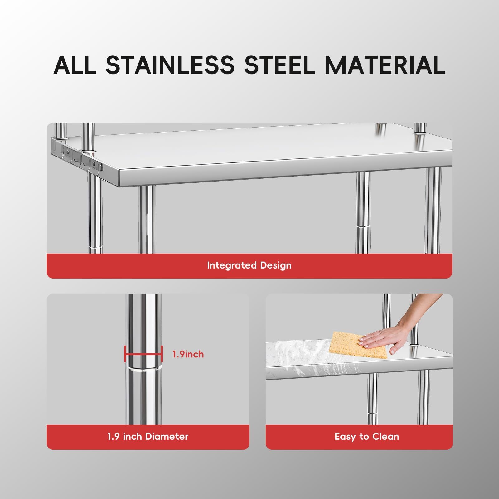 30*24in/36*24in/48*24in Metal Kitchen Stainless Steel Table with Overshelves