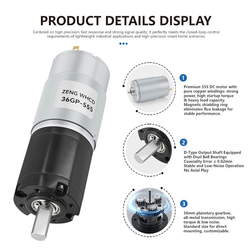 36GP-555 Planetary Micro Gear Motor 12V24V Ball Bearing Metal Shaft Diameter 8MM