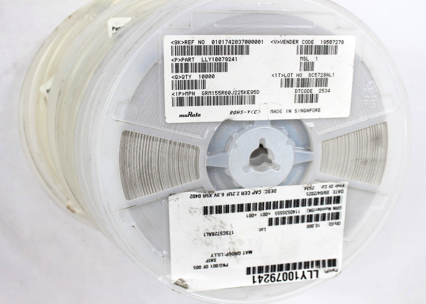 Lot of 9 reels of Murata GRM155R60J225KE95D — 2.2 µF 6.3 V X5R MLCC 0402