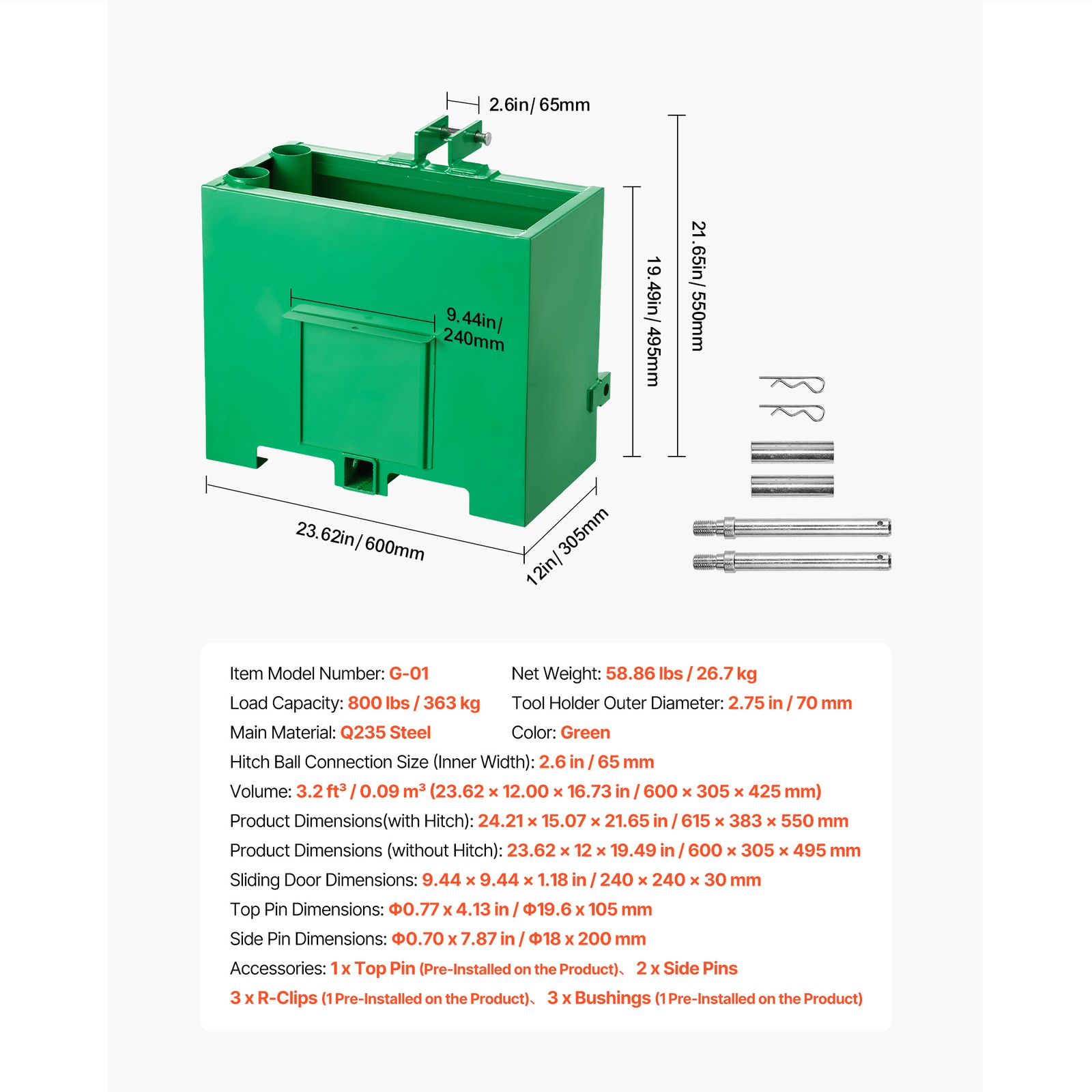 Ballast Box 3 Point Category 1 Tractor Quick Tach Hitch Counterweight Green