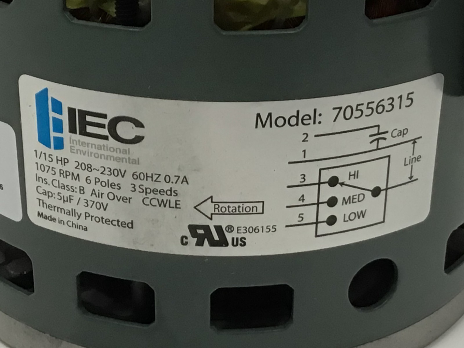 International Environmental 70556315 Fan And Blower Motor, 1/15 Hp
