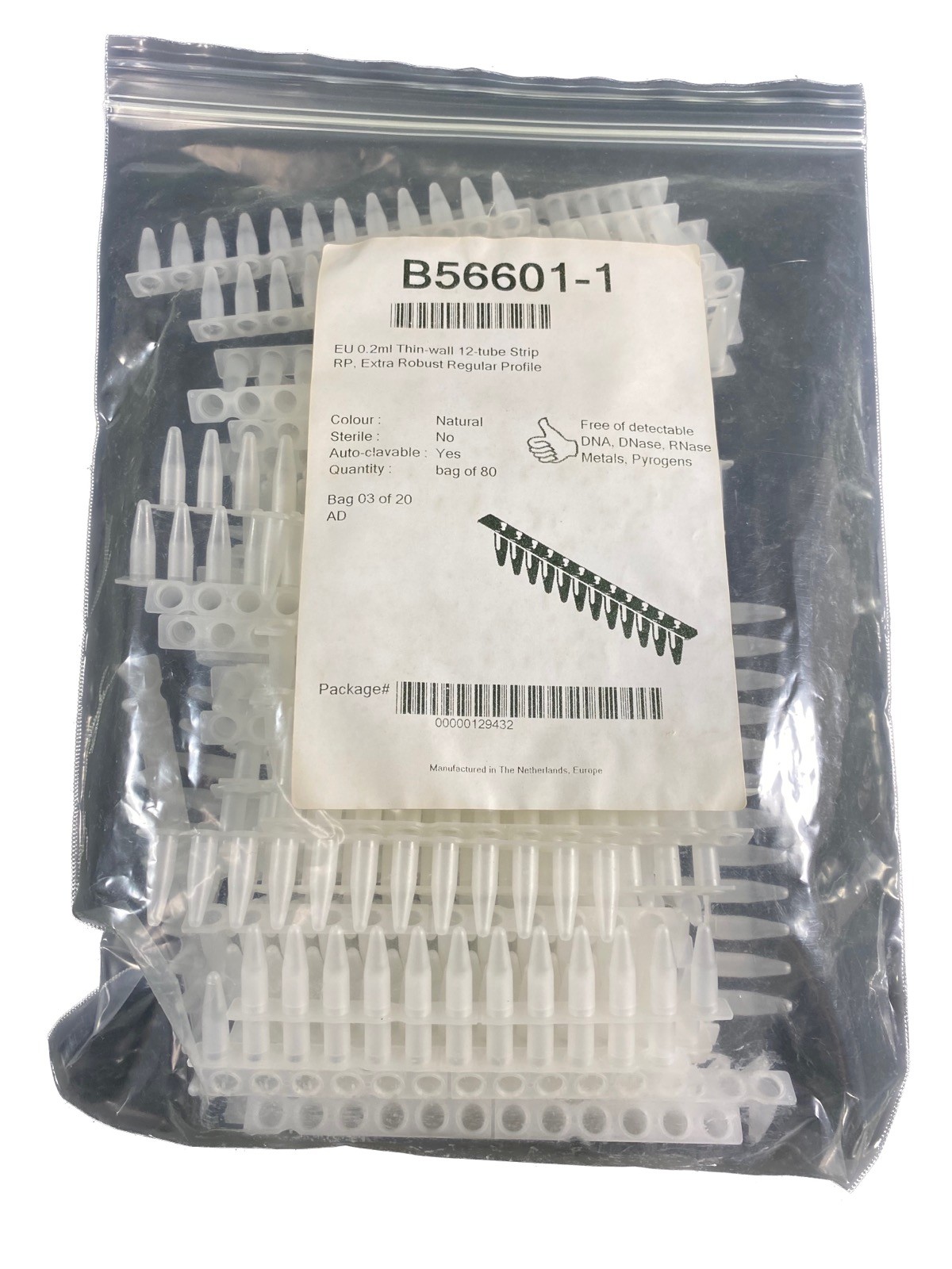 BIOPLASTICS EU 0.2mL PCR 12-Tube Strip RP LF Thin-Wall Robust B56601-1 80/cs