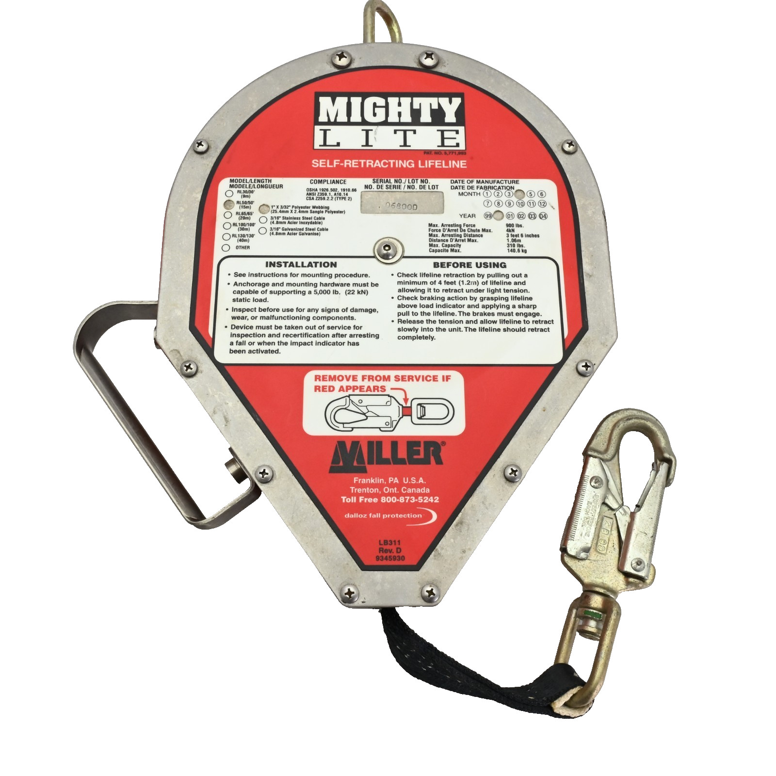 Miller RL50/50 MightyLite Self-Retracting Lifeline Fall Protection Web Lanyard