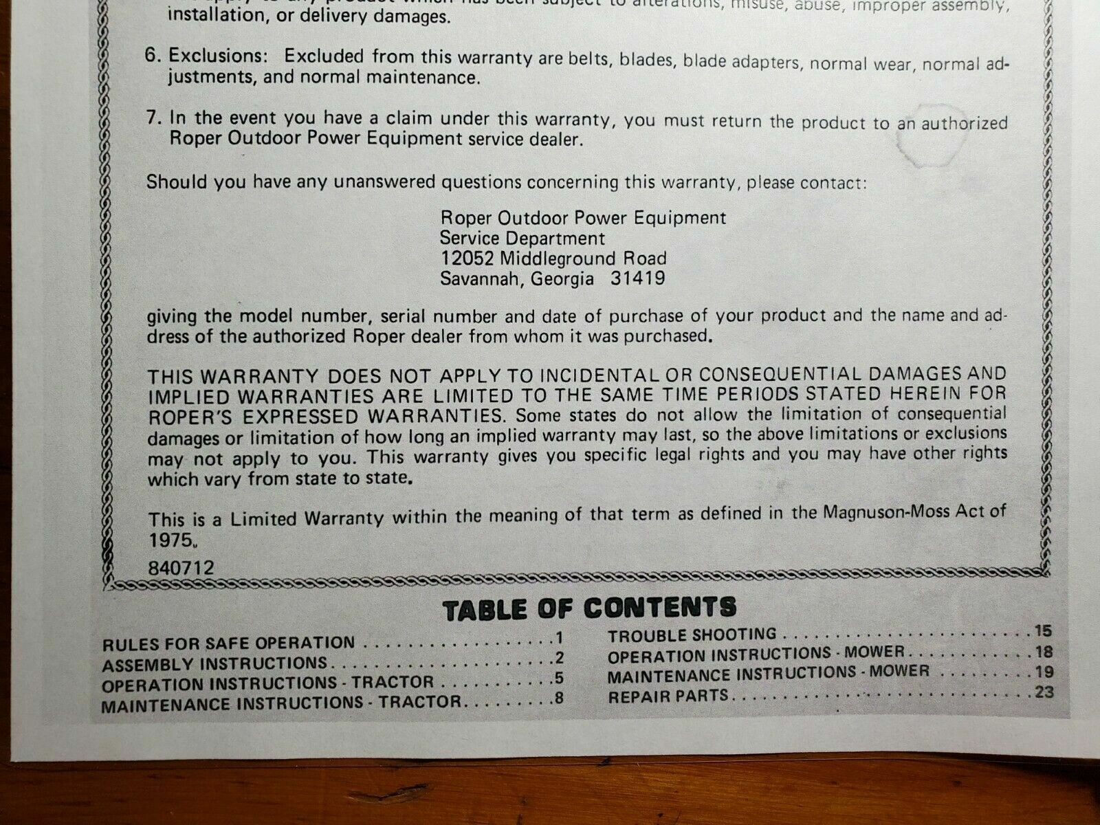 Roper LT110FR LT110 11 HP Lawn Tractor 38″ Mower Owner Operator Parts Manual ’87