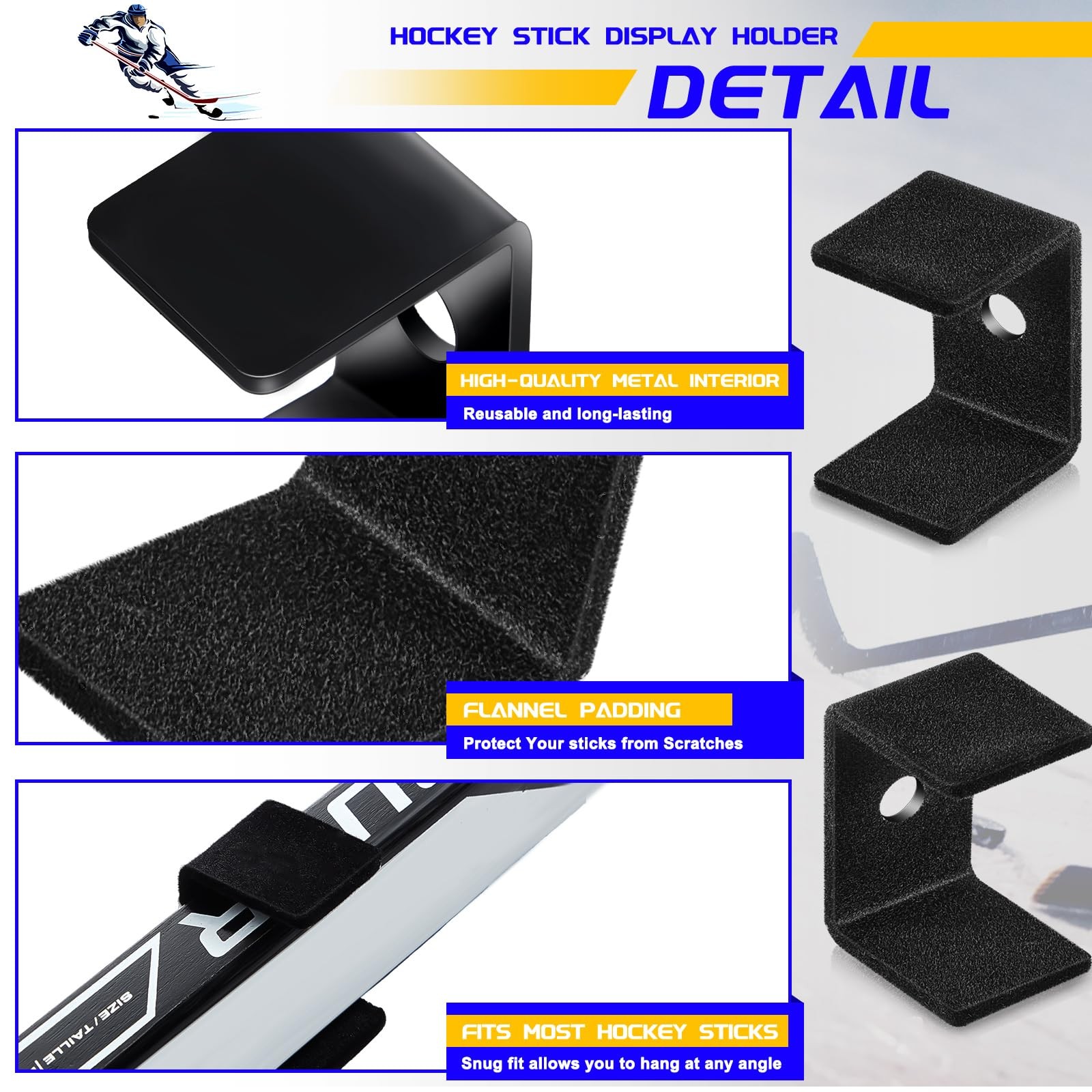 Dunzy 6 Pcs Black Hockey Stick Wall Mount Display Holder Felt