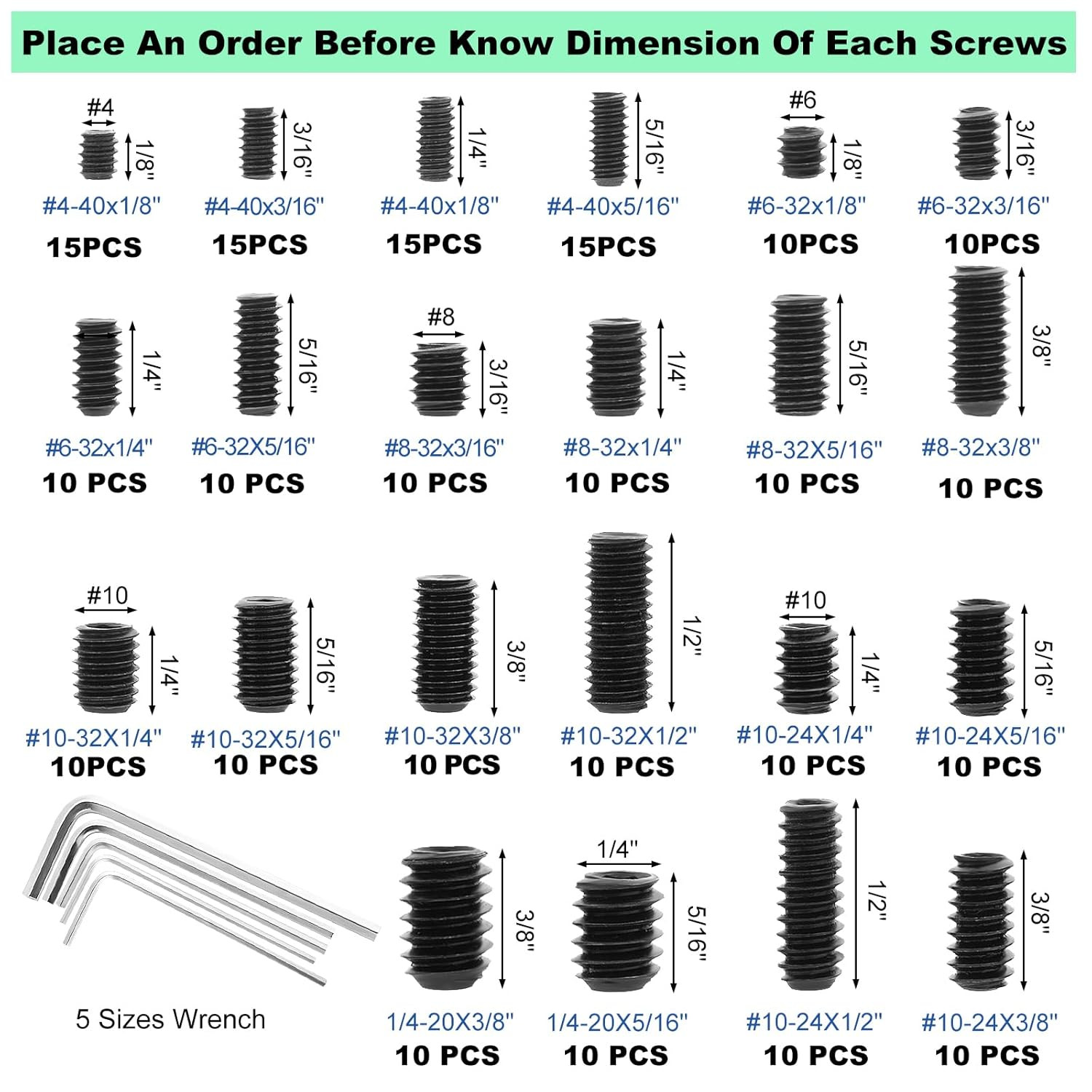 240 Pcs 22 Sizes Black Set Screw Assortment Kit, SAE Allen Head Grub Screws for