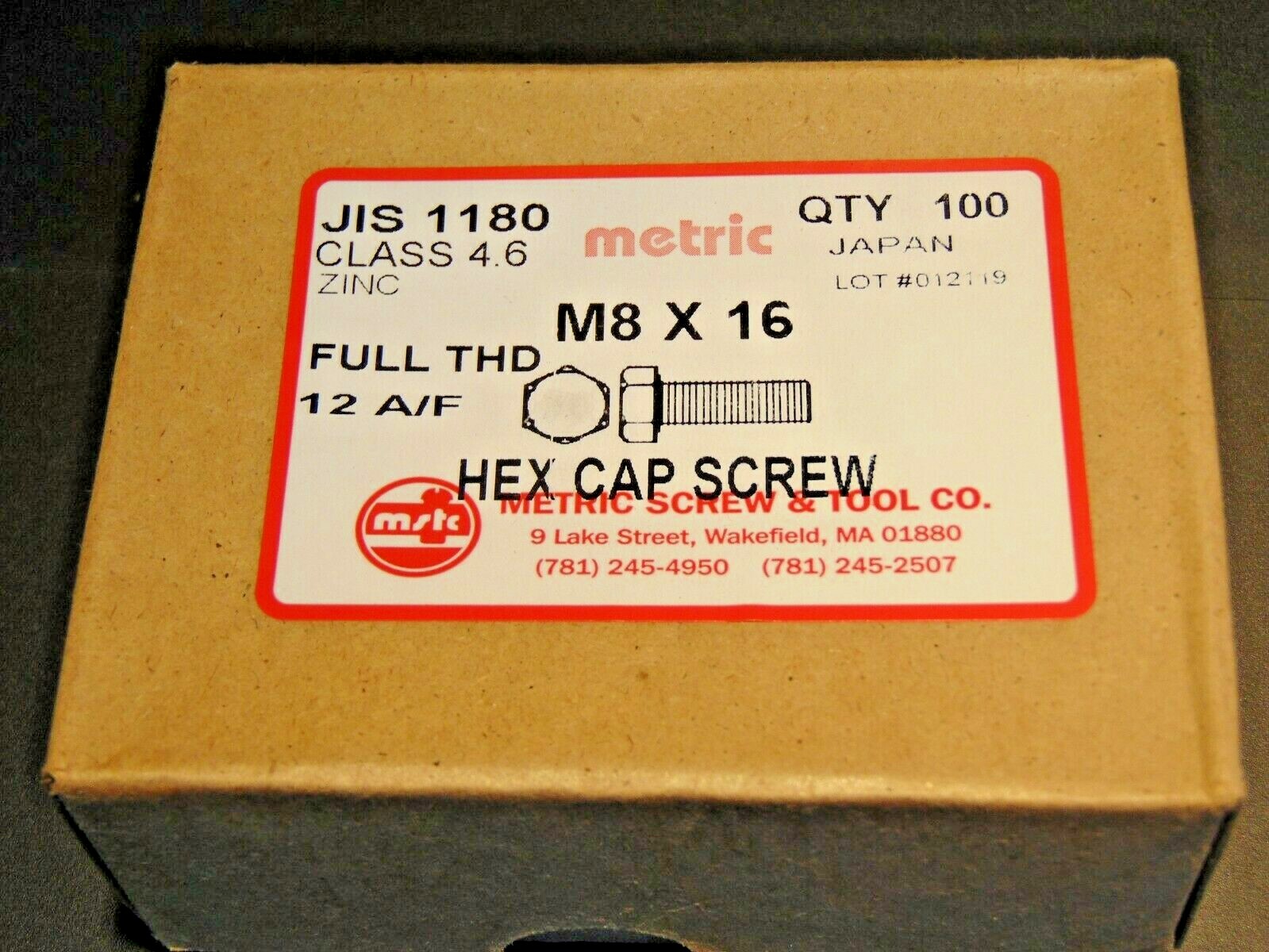M8 X 16 JIS 1180 HEX CAP SCREW BOLT, BOX OF 100pcs, 12mm WRENCH SIZE, CLASS 4.6