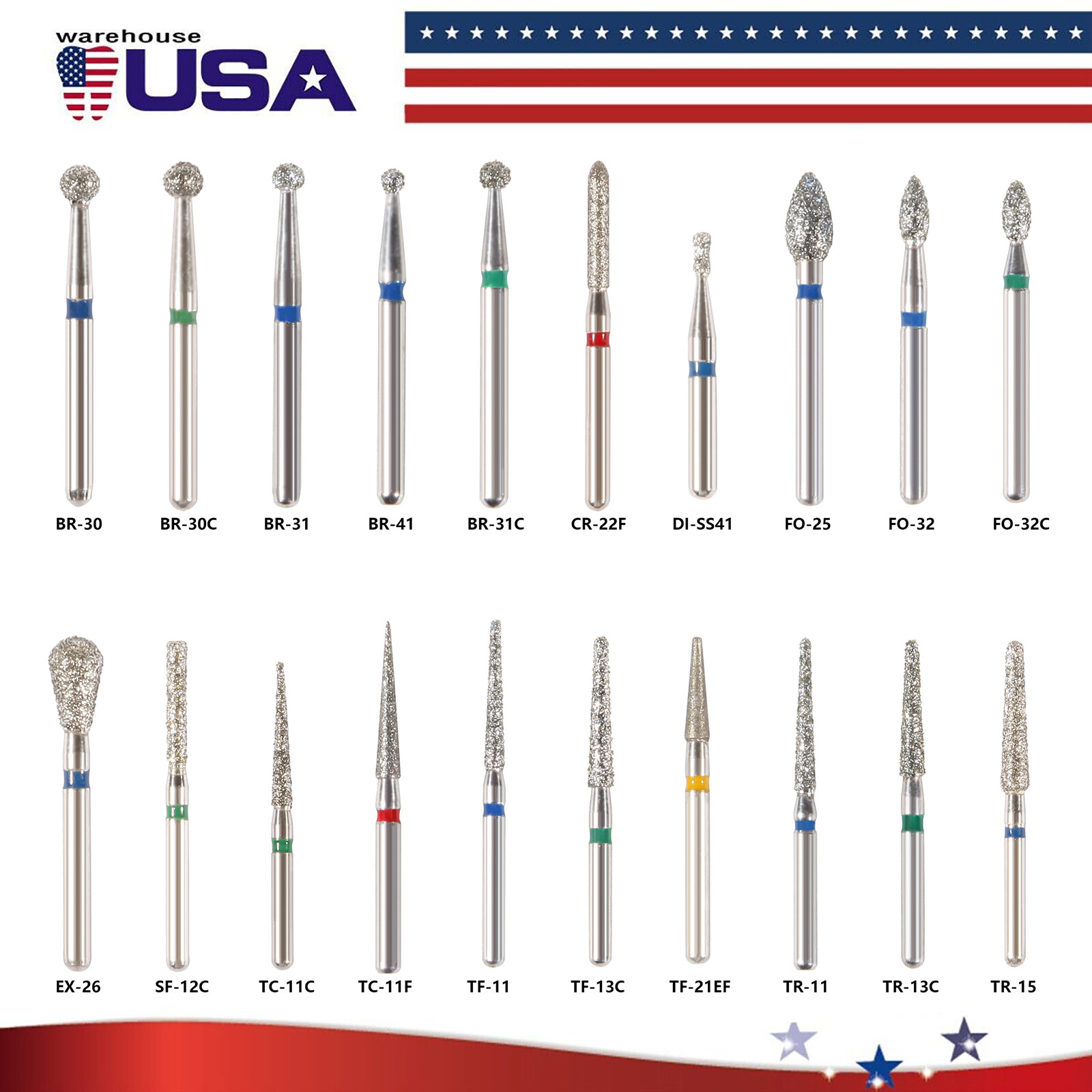 US 100pcs Dental Diamond Burs Kit for High Speed Handpiece Medium FG 1.6MM
