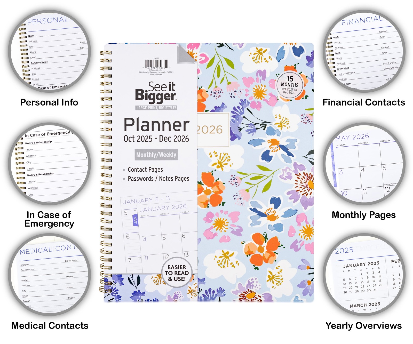 See it Bigger Monthly Weekly Planner Large (9″x 11″) Oct 2025 -Dec 2026