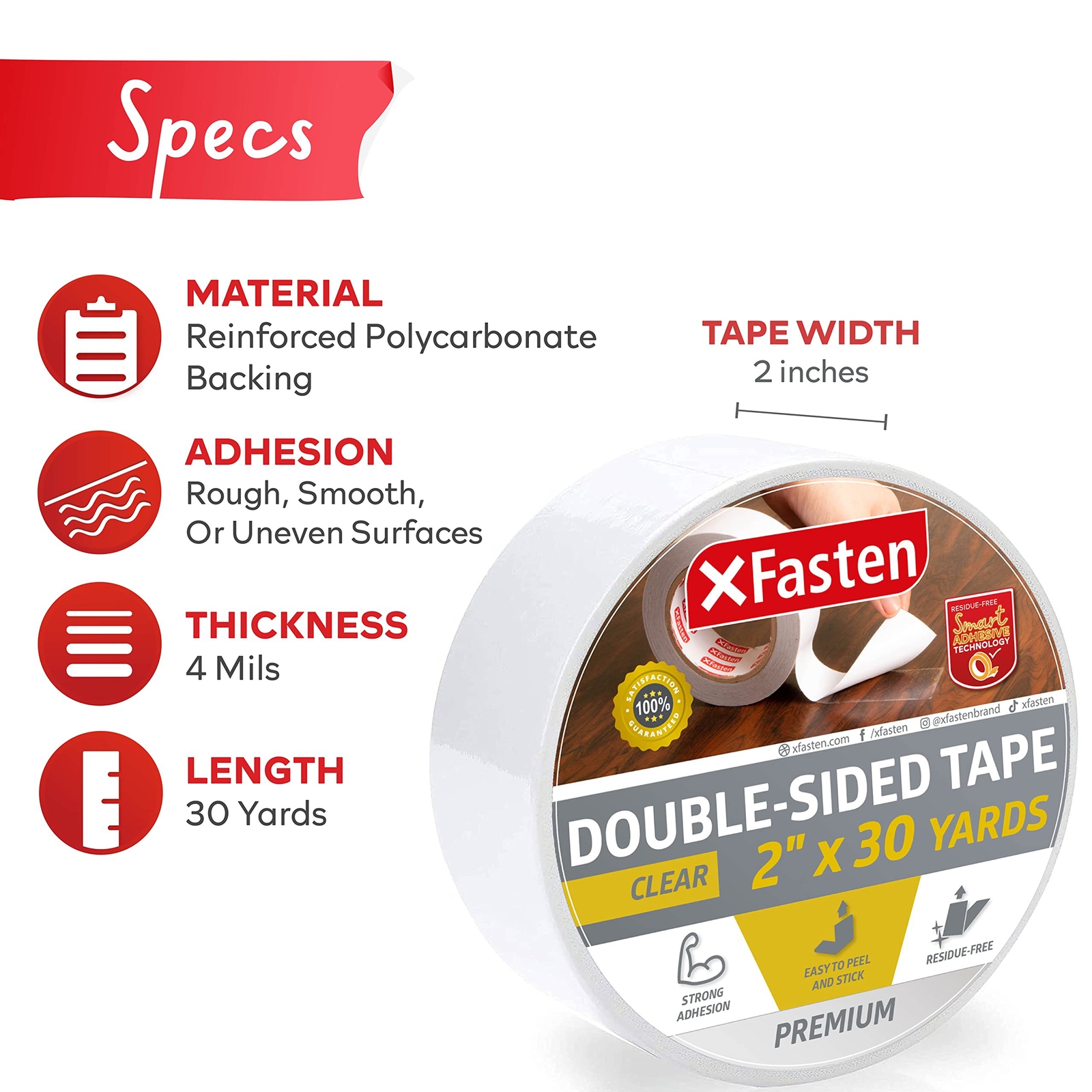 XFasten Double Sided Tape Clear, Removable, 2-Inch by 30-Yards, Ideal as a Gi…