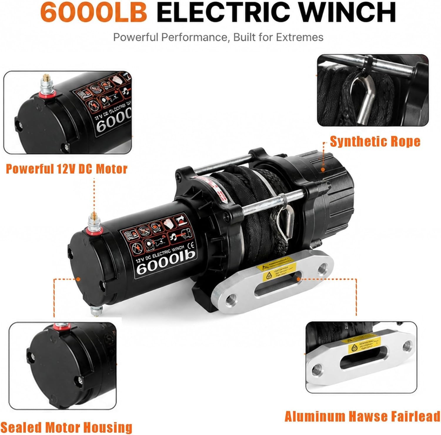 6000LBS 12V Electric Winch Synthetic Rope Remote for ATV UTV Boat Trailer Jeep