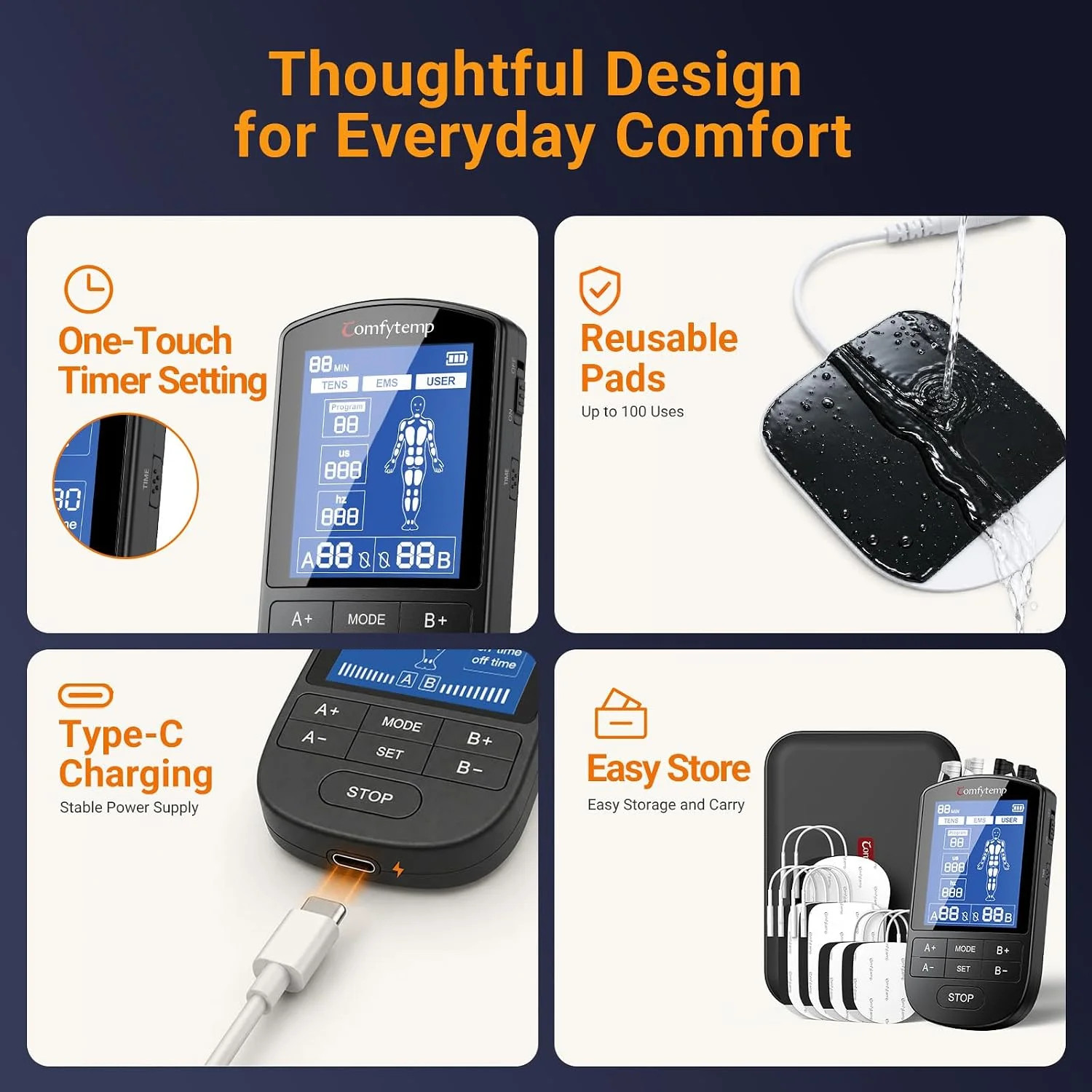 Comfytemp 4 Outputs TENS Unit for Cover Multiple Parts, TENS Unit Muscle Stimula