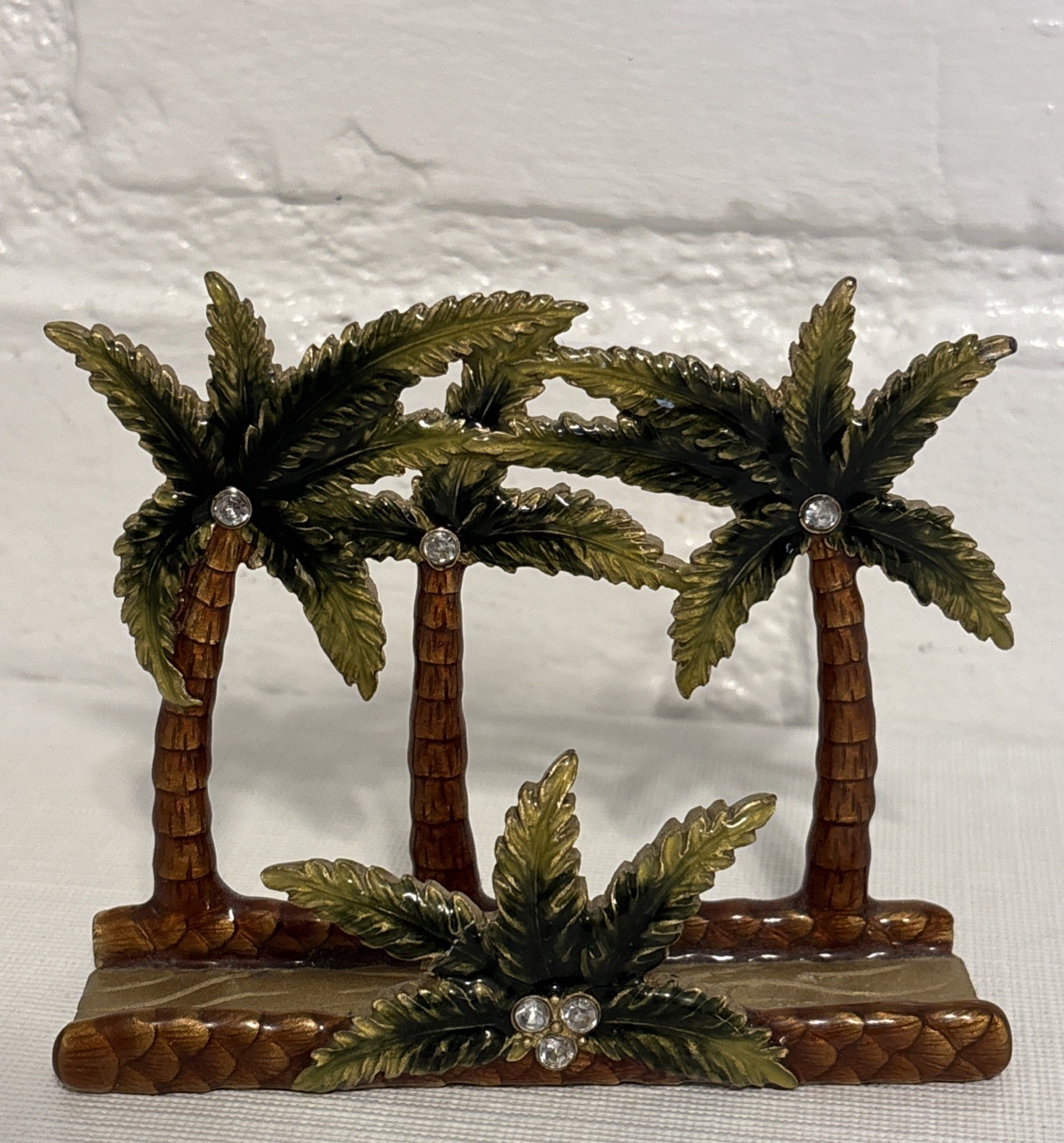 VTG Enamel Heavy Business Card Holder Desk Palm Trees Rhinestones Metal Art