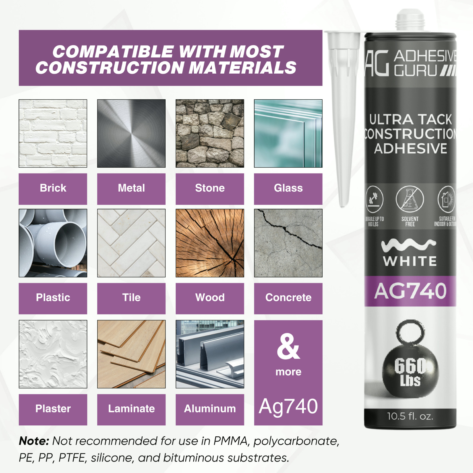 Adhesive Guru AG740 Ultra Tack Hybrid Construction Adhesive (12×10.5 fl oz),