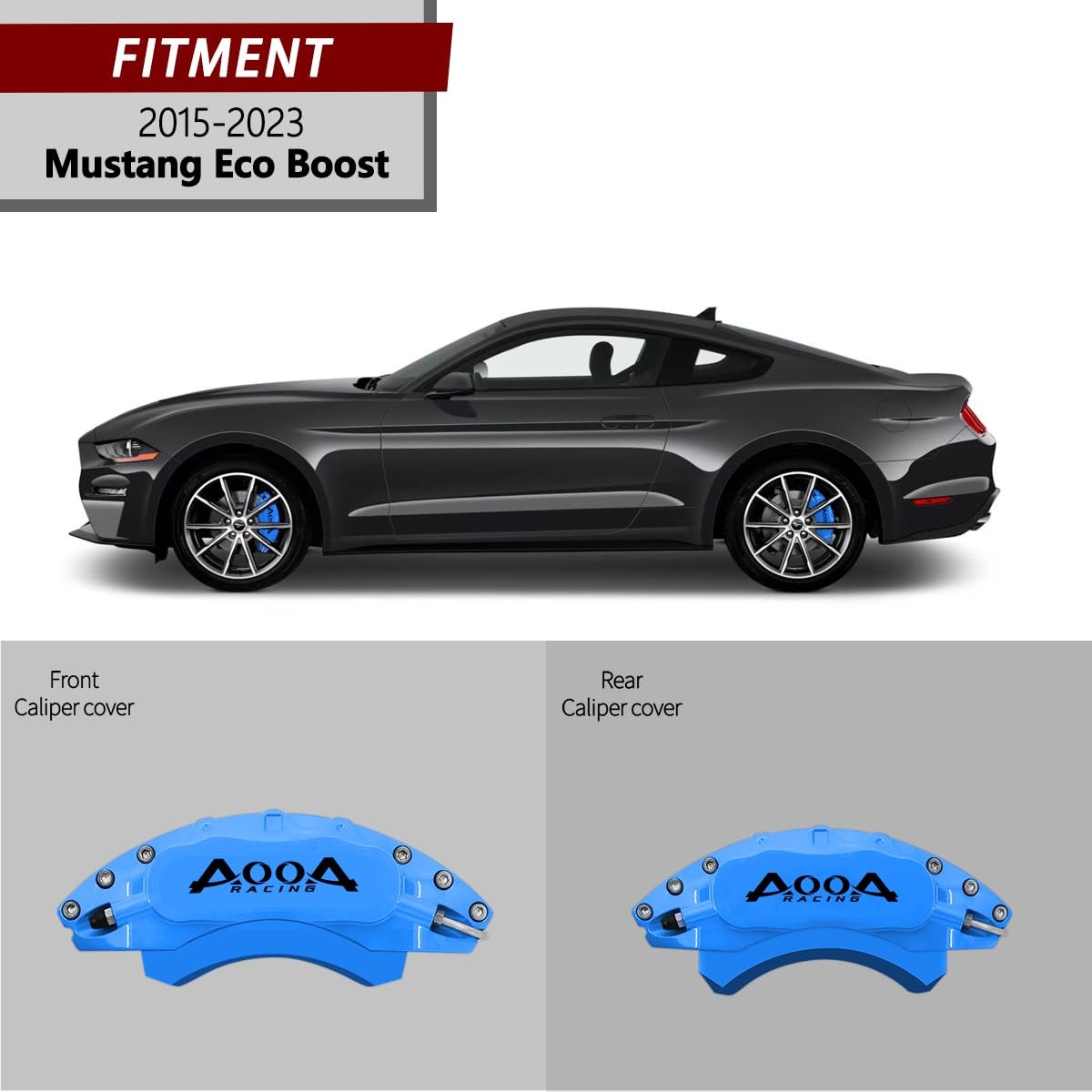 Aluminum Light Blue Caliper Covers w/ Black Lettering 15-23 Mustang EcoBoost