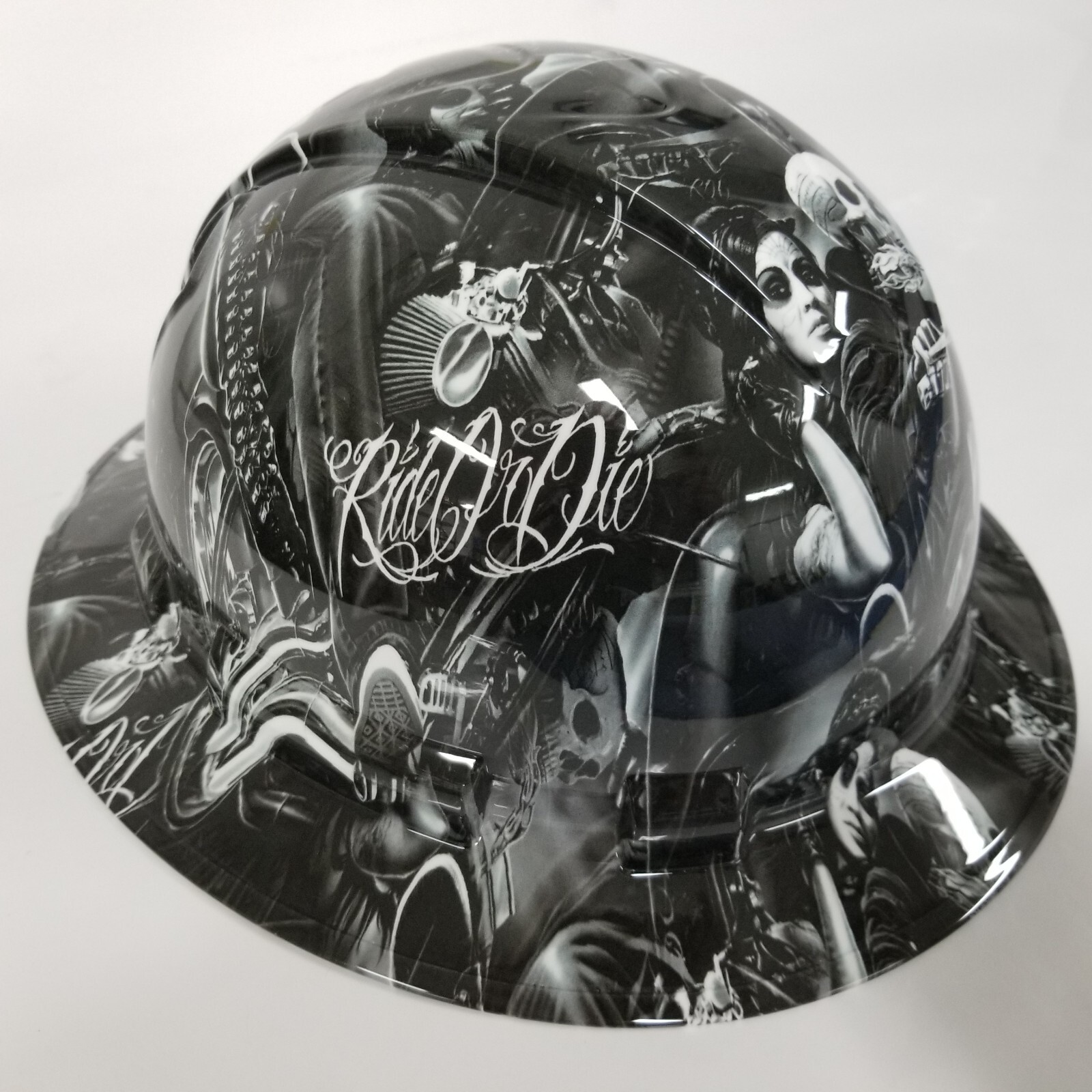 full brim hard hat custom hydro dipped IN RIDE OR DIE OUTLAW BIKER