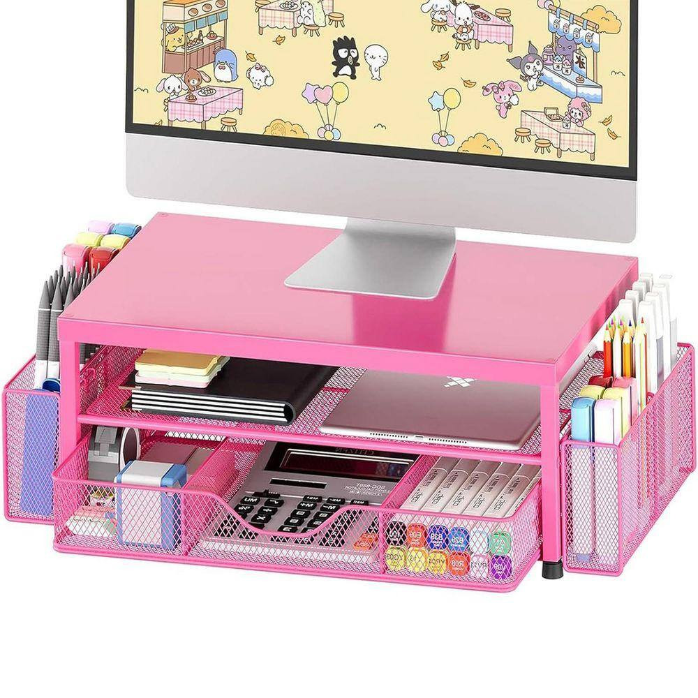 Red 15.5 In. X 6.3 In. Metal Modern Desk Organizers with Drawer and 2 Pen Holder