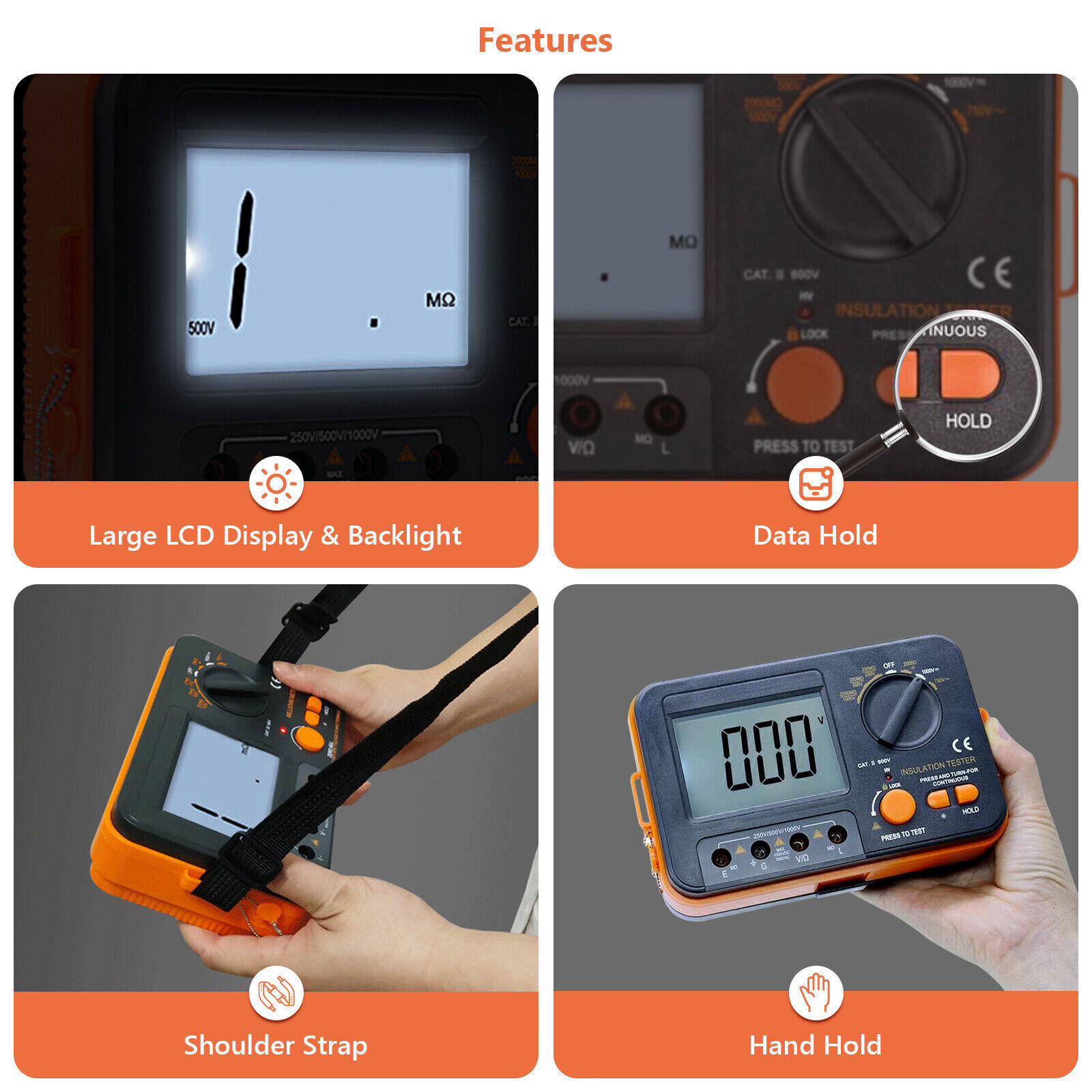 Digital Insulation Tester 250V/500V/1000V 2000MΩ 19999C Backlit LCD Data Hold